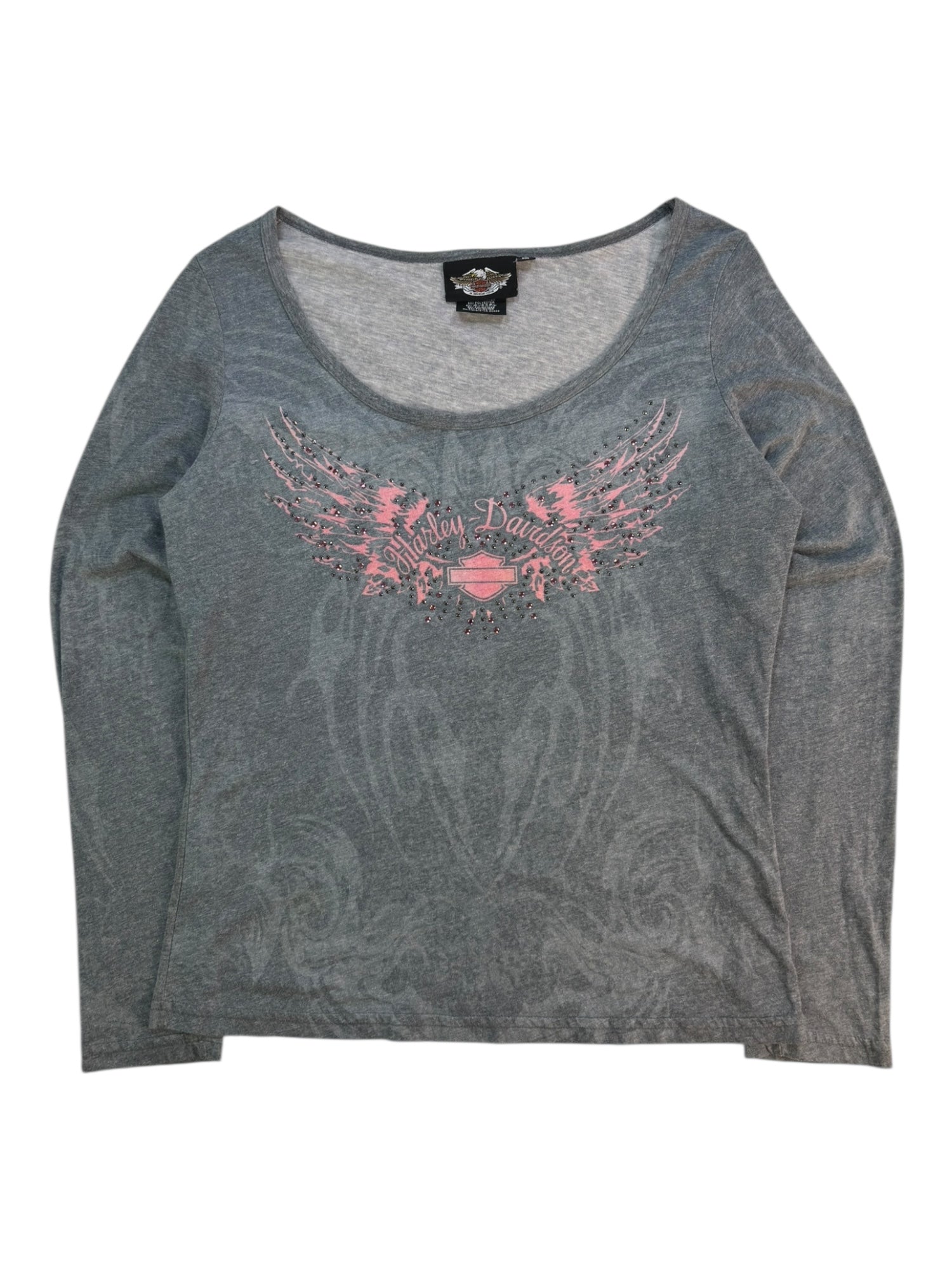 (M) Gray and Pink Embellished Long Sleeve Harley Davidson Tee