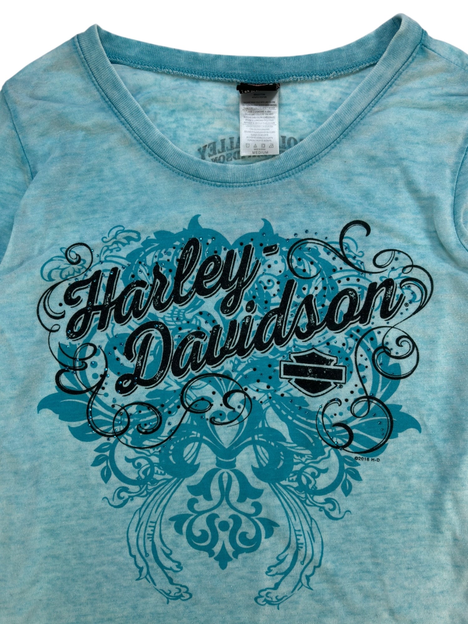 (M) Red Deer Blue Embellished Long Sleeve Harley Davidson Tee