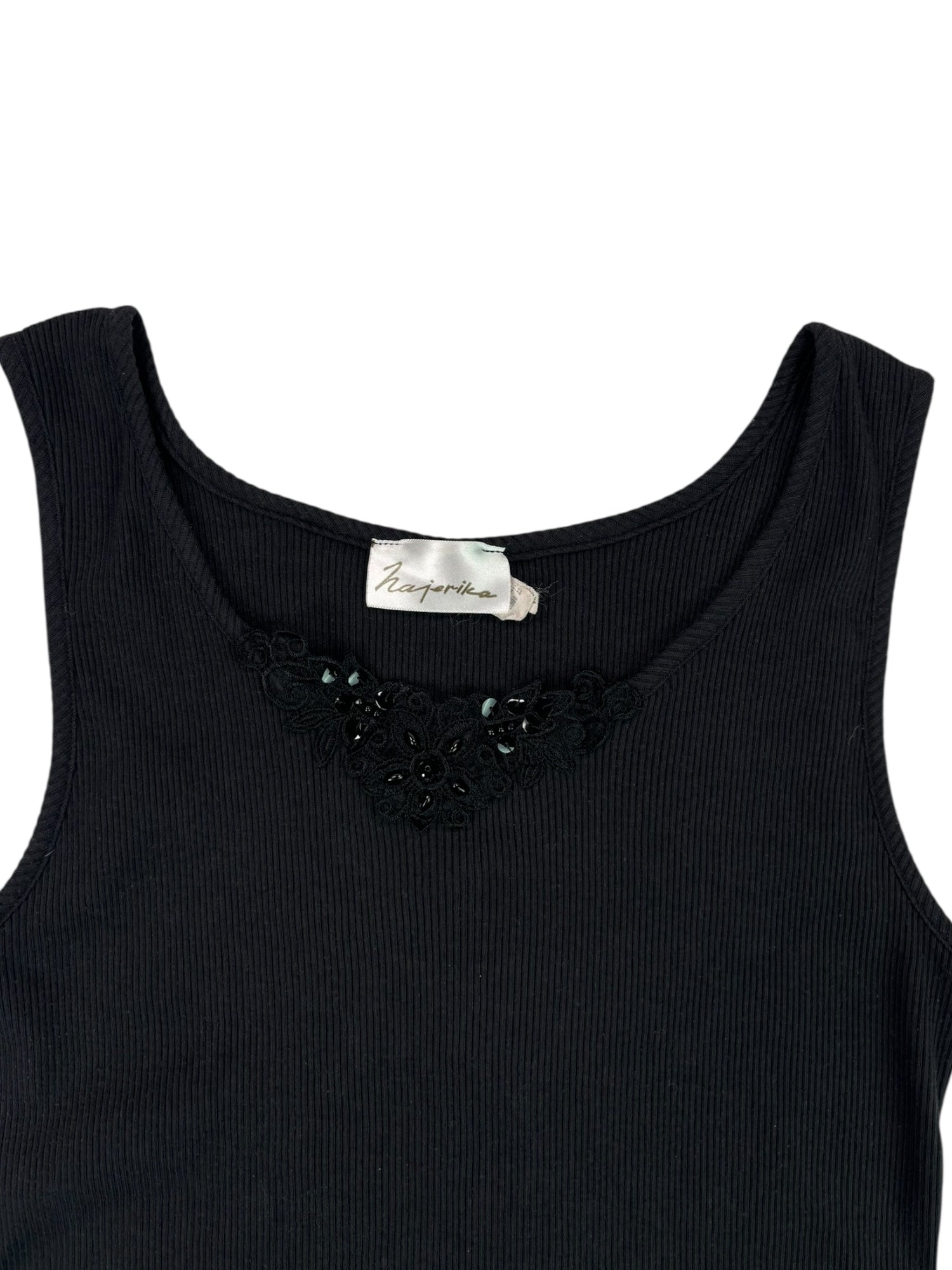(M) Black Ribbed Floral Detail Tank Top