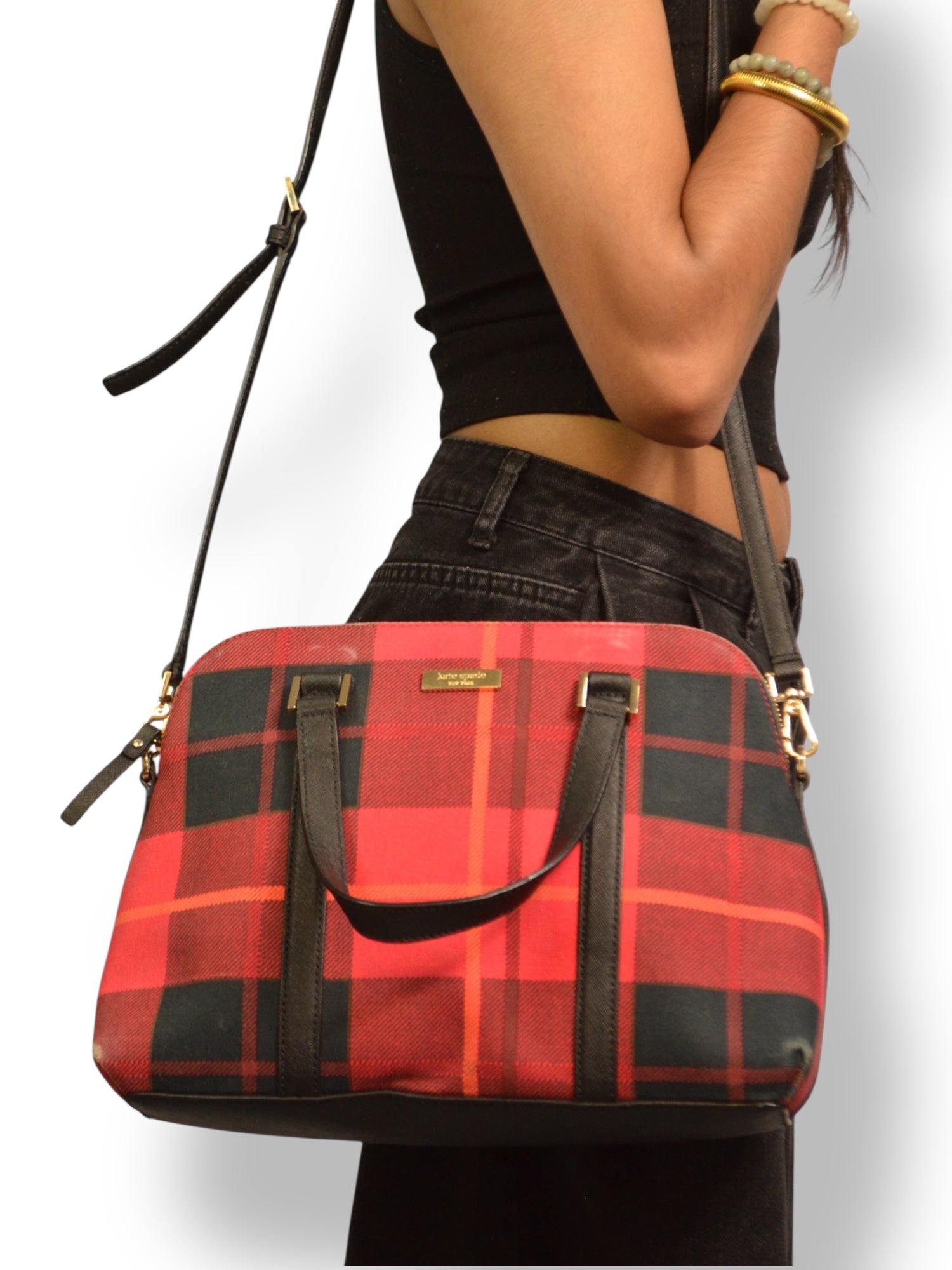 (O/S) Red Plaid Kate Spade Structured Purse