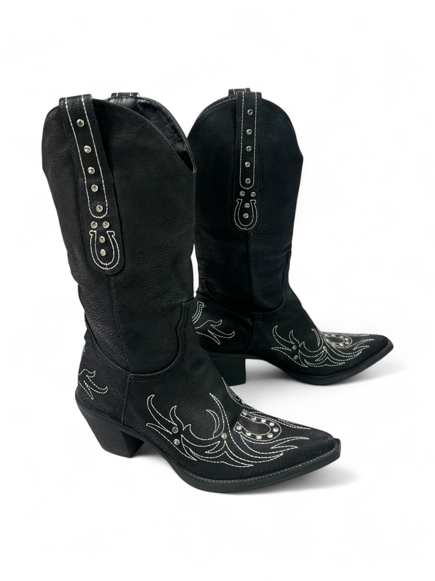 (7) Black Faux Leather Embellished Roper Cowgirl Boots