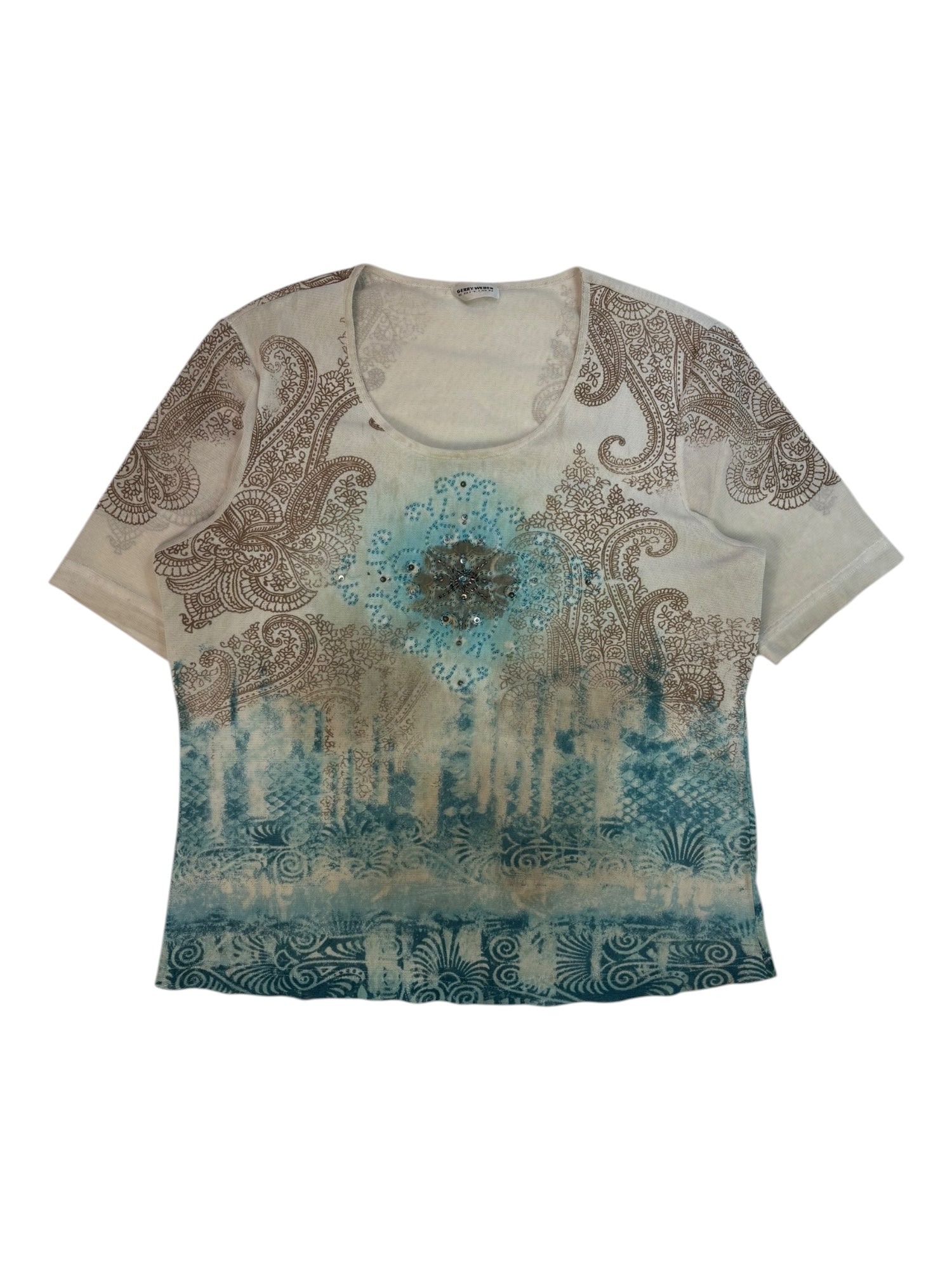 (M) Gerry Weber Blue and Brown Beaded Mesh Top