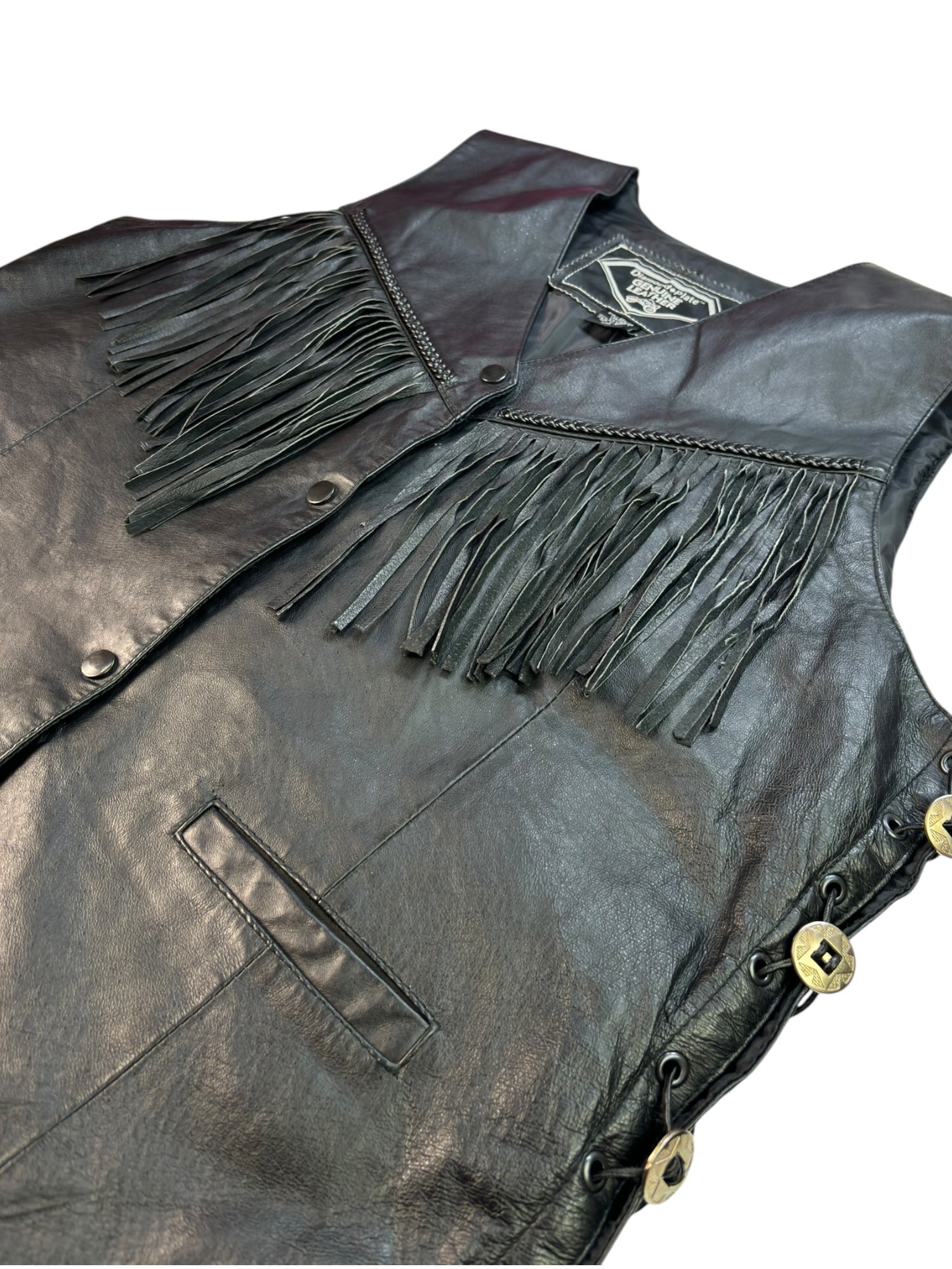 (2XL) Black Fringe Leather Vest
