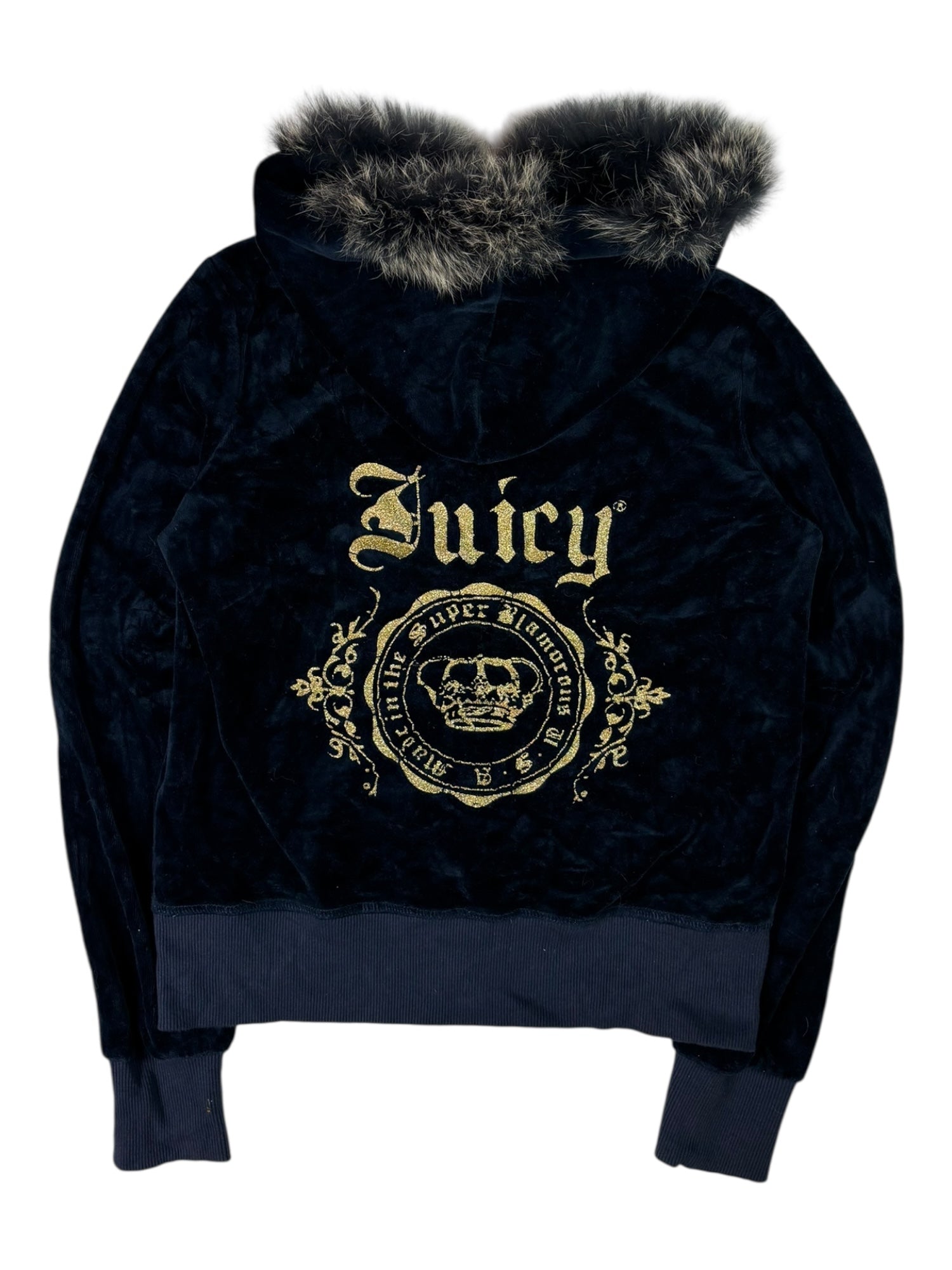 (S) Dark Navy Fur Trim Embroidered Juicy Couture Zip-Up Hoodie