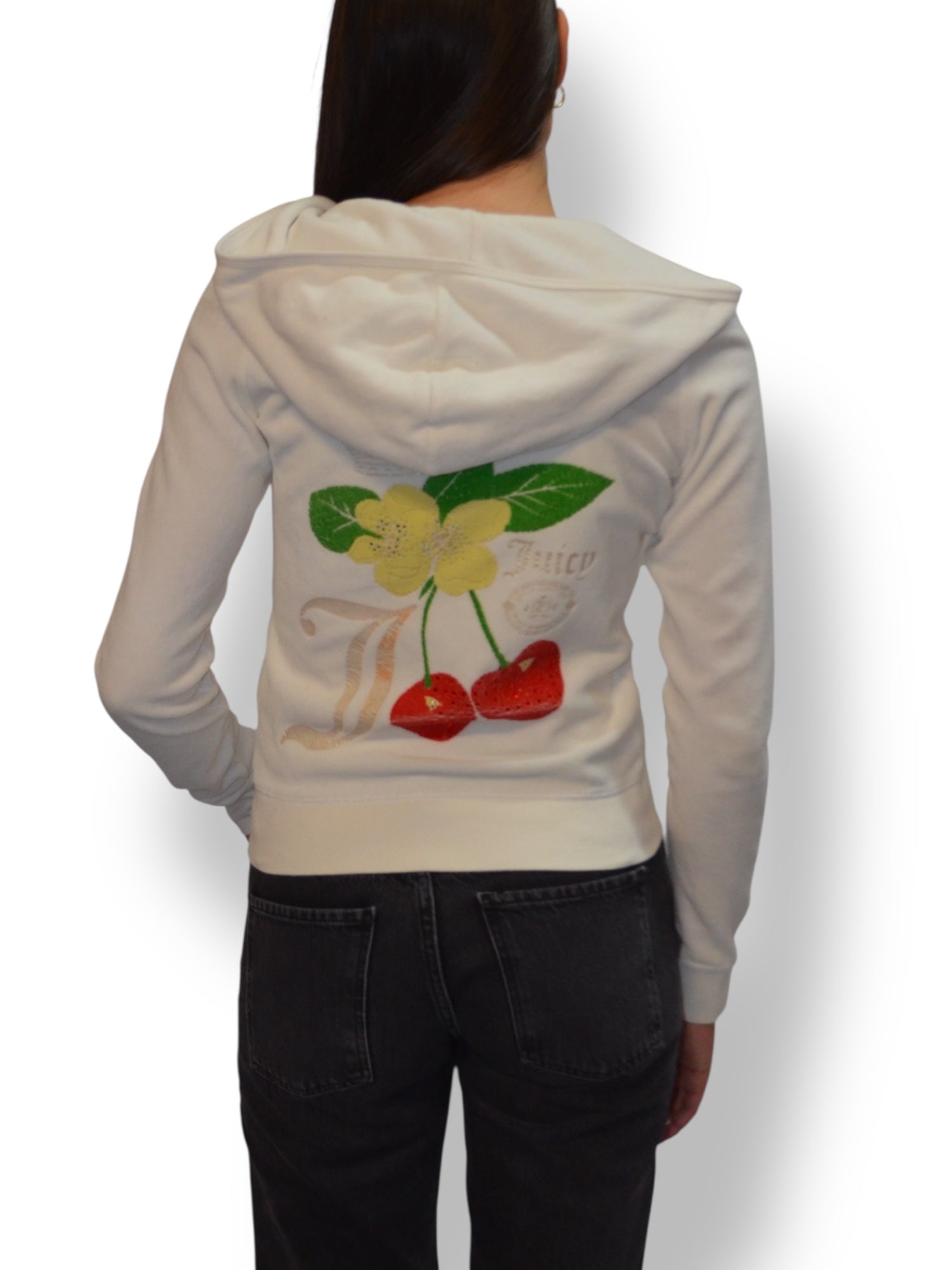 (S) White Embellished Cherry Print Juicy Couture Zip-up Hoodie