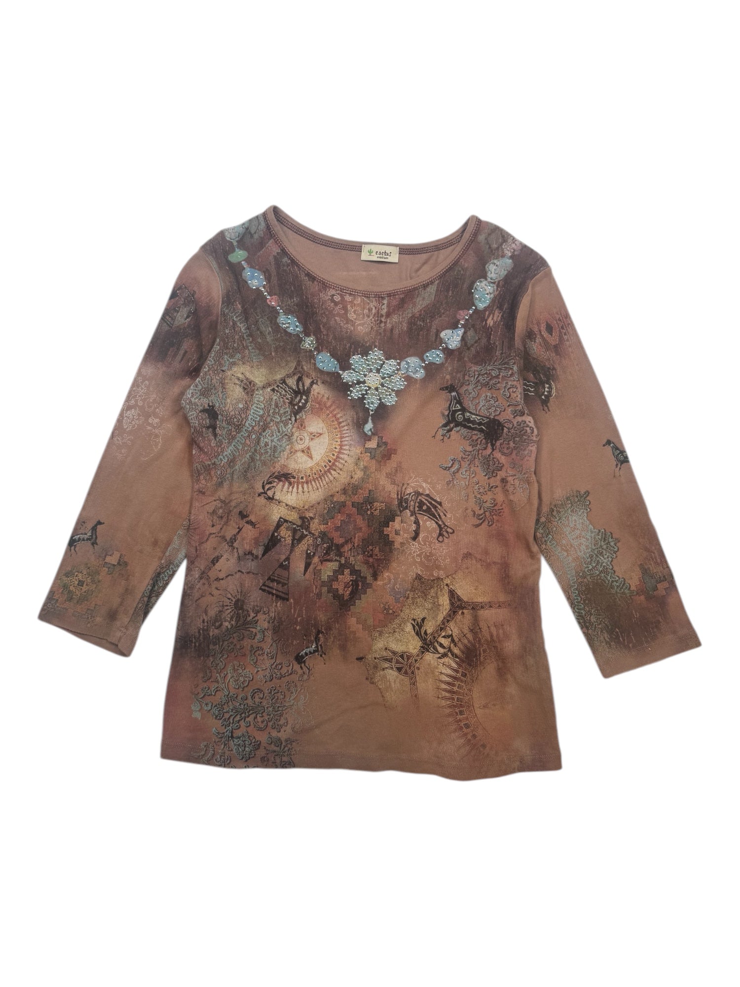 (S) 3/4 Sleeve Cactus Printed Top