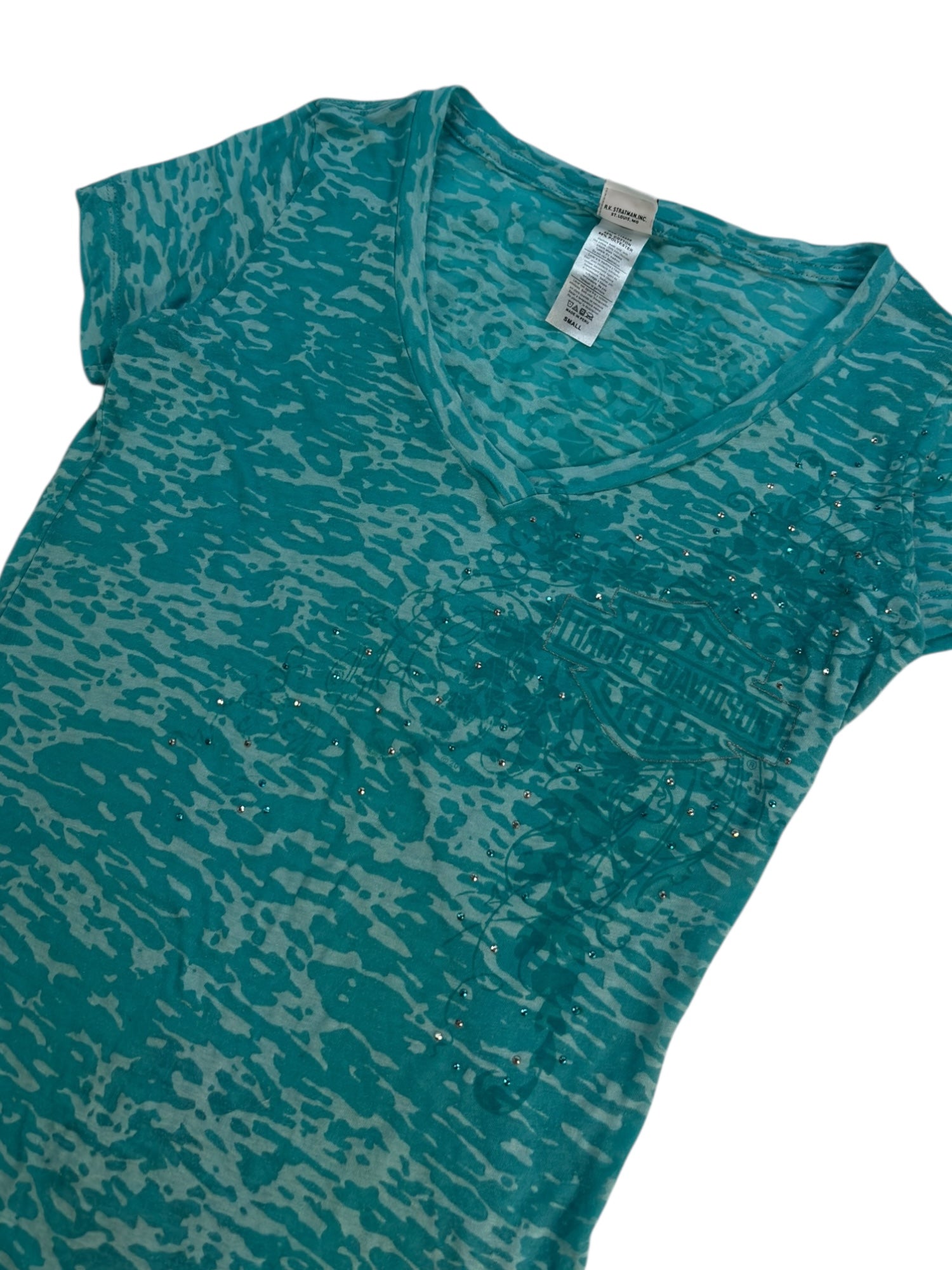 (XS) Blue Embellished Burnout Style Harley Davidon Tee