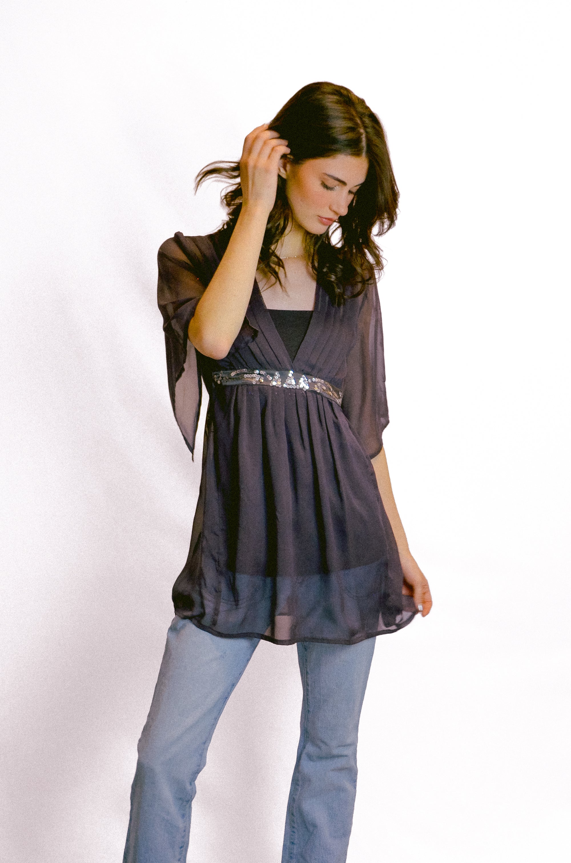 (S) Costa Blanca Sheer Grey Long Top