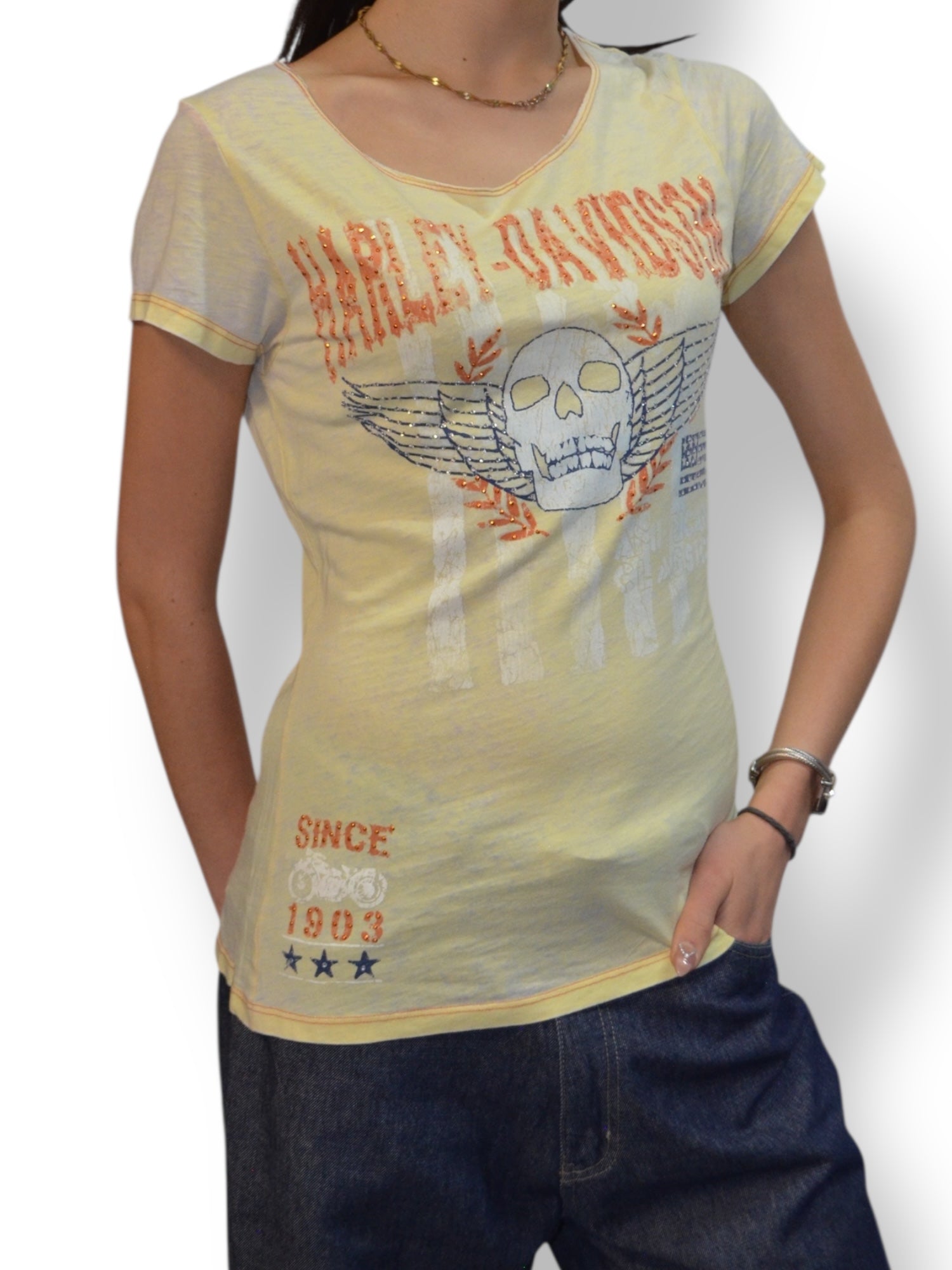 (M) Yellow Embellished Burnout Style Harley Davidson Tee