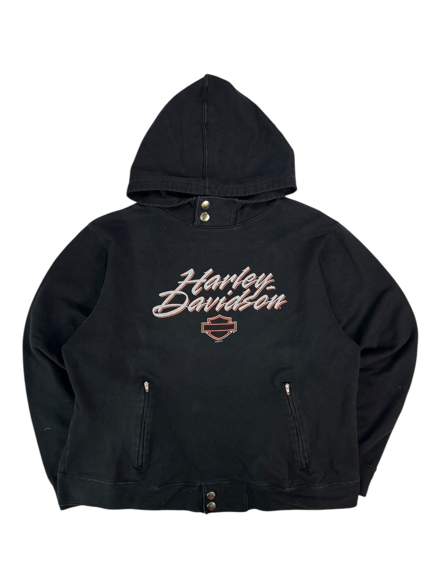 (L) Black Harley Davidson Pull Over Hoodie with Button Details