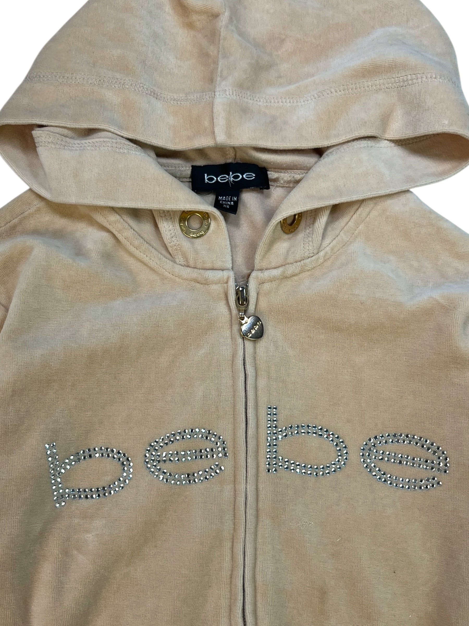 (XS) bebe Beige Embellished Velour Zip-up Hoodie