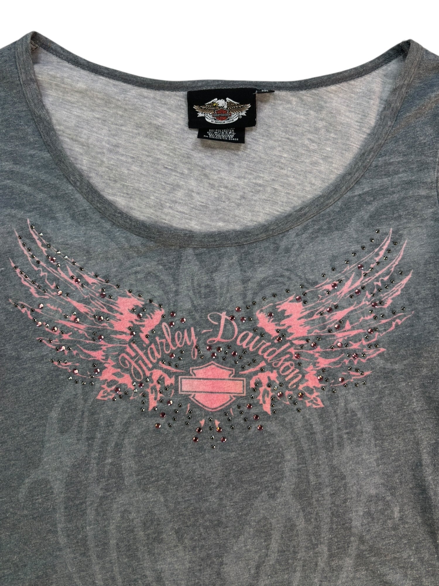 (M) Gray and Pink Embellished Long Sleeve Harley Davidson Tee