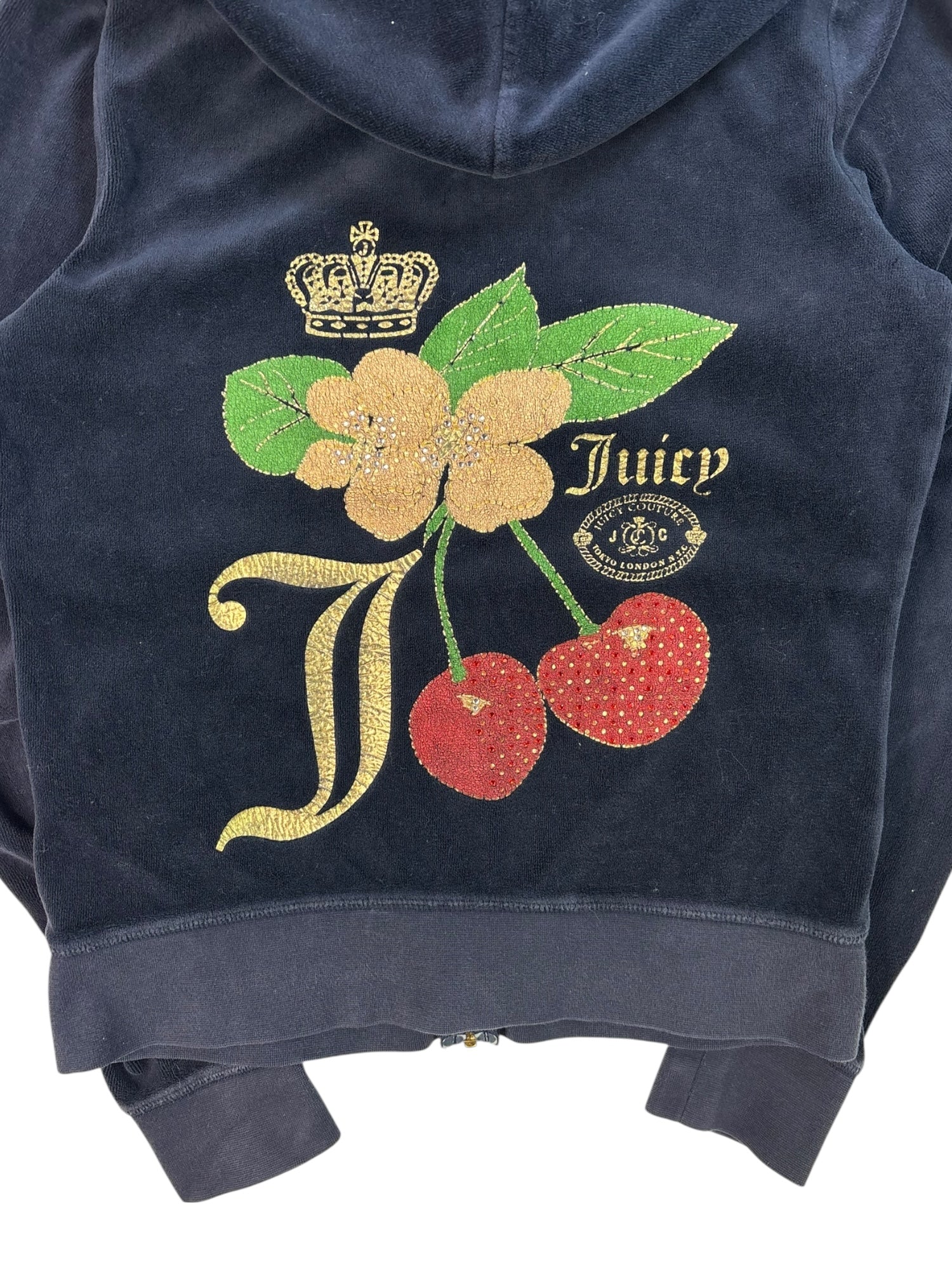 (M) Blue Cherry Printed Juicy Couture Velour Zip Up Hoodie