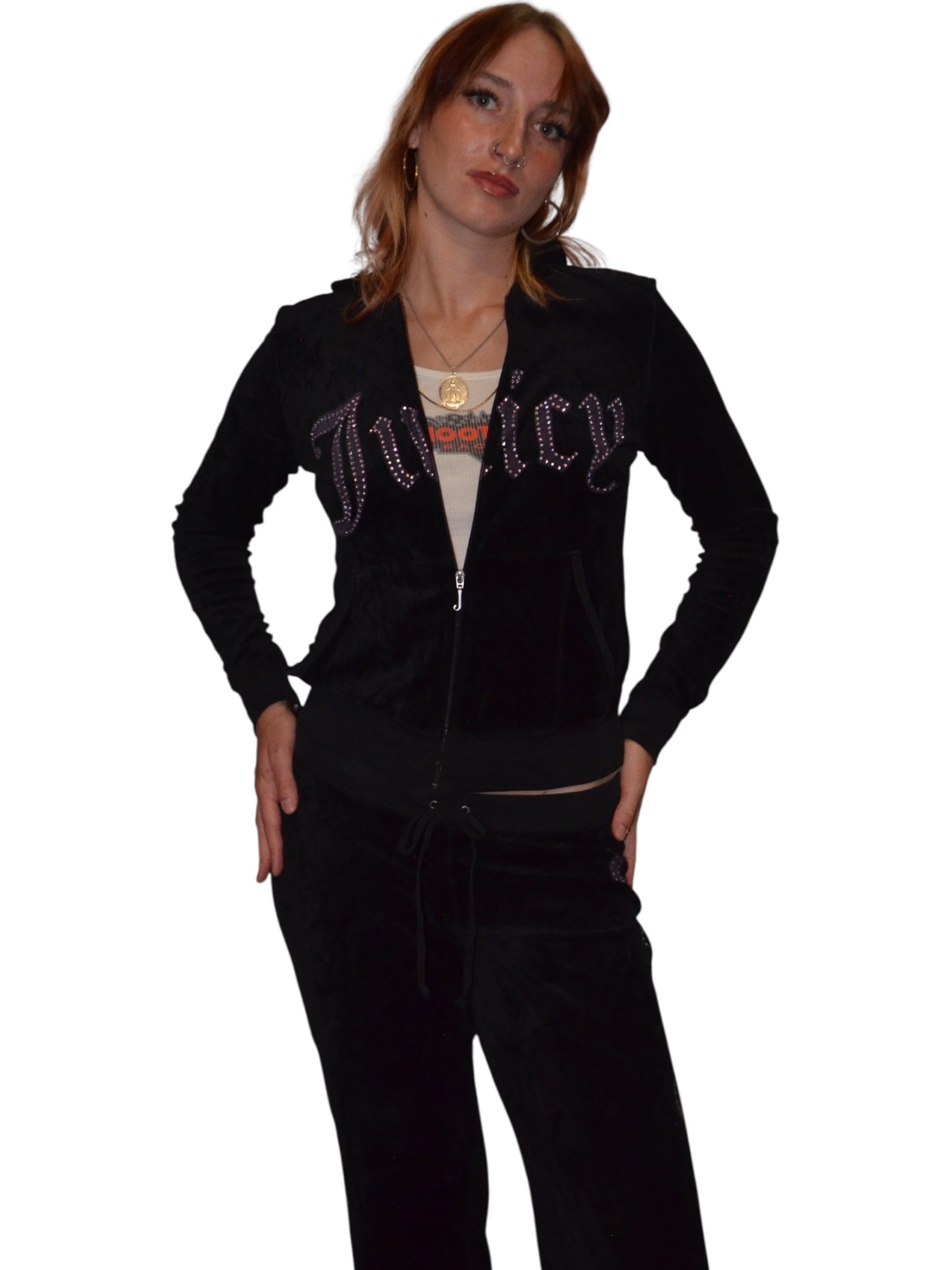 (L) Black Embellished Juicy Couture Velour Zip Up Hoodie