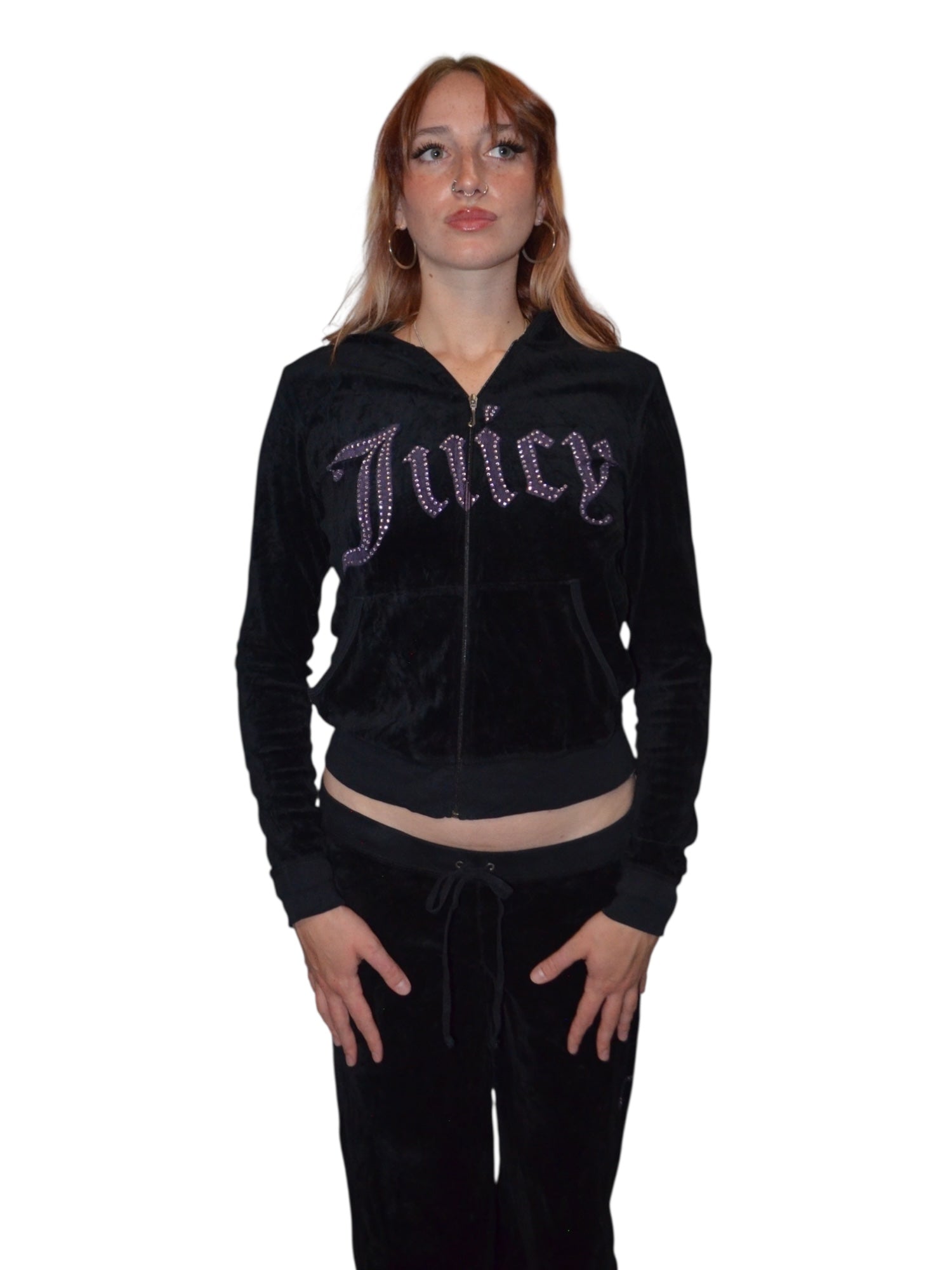 (L) Black Embellished Juicy Couture Velour Zip Up Hoodie