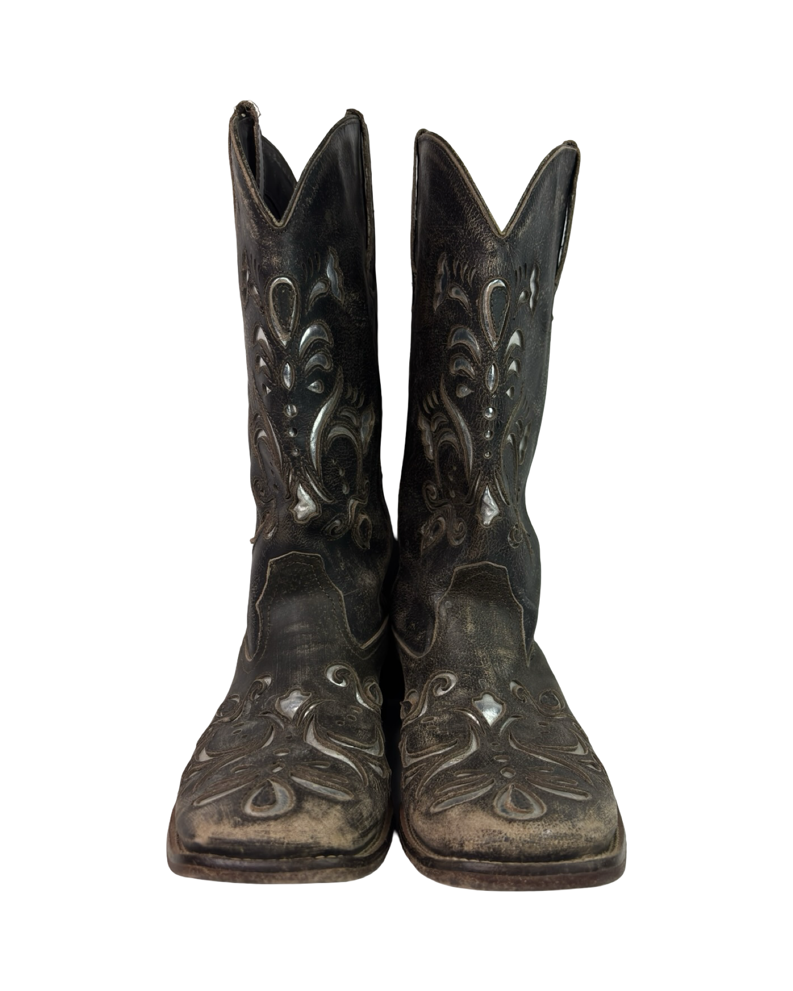 (8) Roper Vintage Brown and Silver Cut-out Cowboy Boots