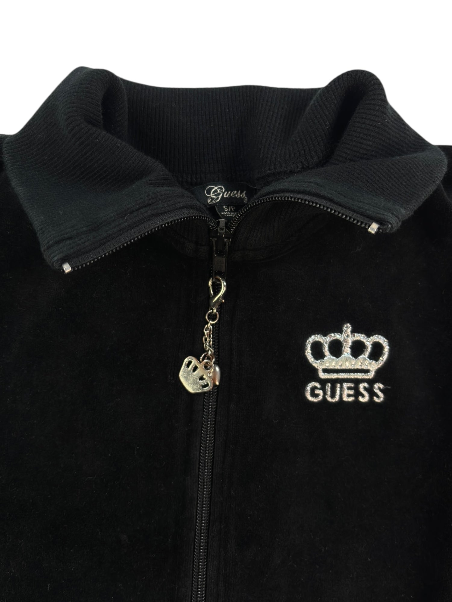 (S) Guess Velour Zip Up Hoodie Black