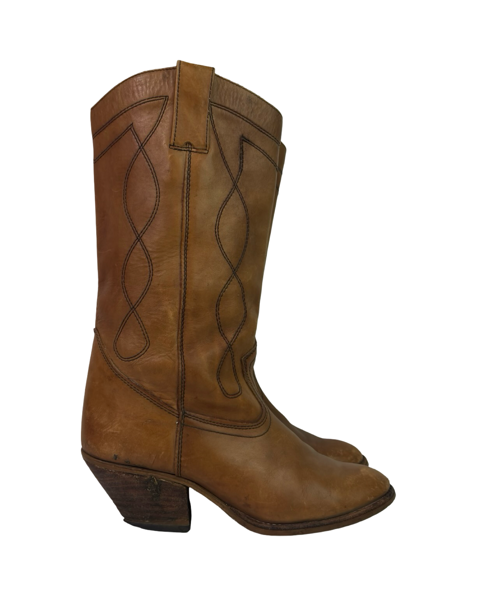 (7.5) European Vintage Tan Leather Cowboy Boots