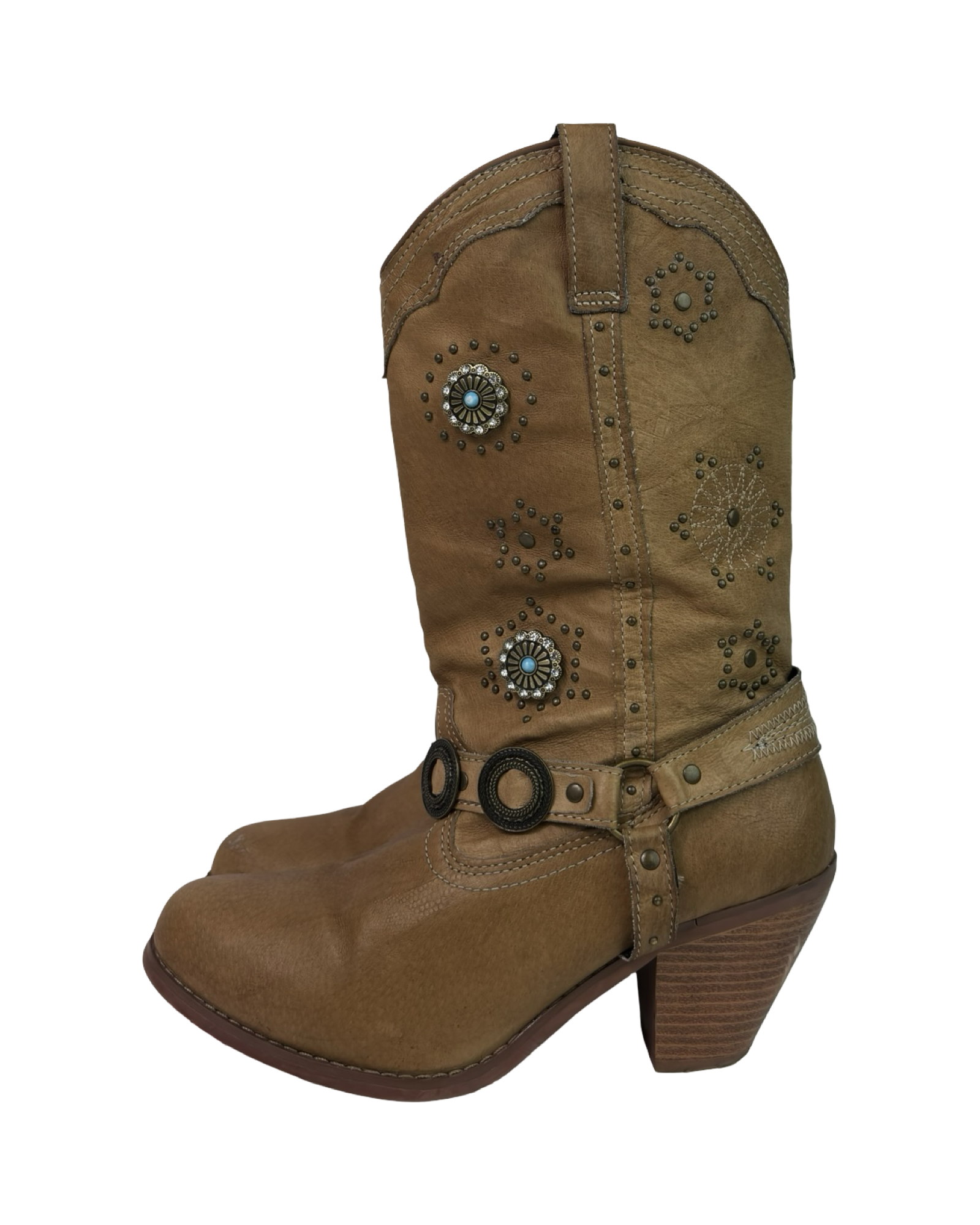 (8.5) Leather Embellished Buckle Detail Cowboy Boots