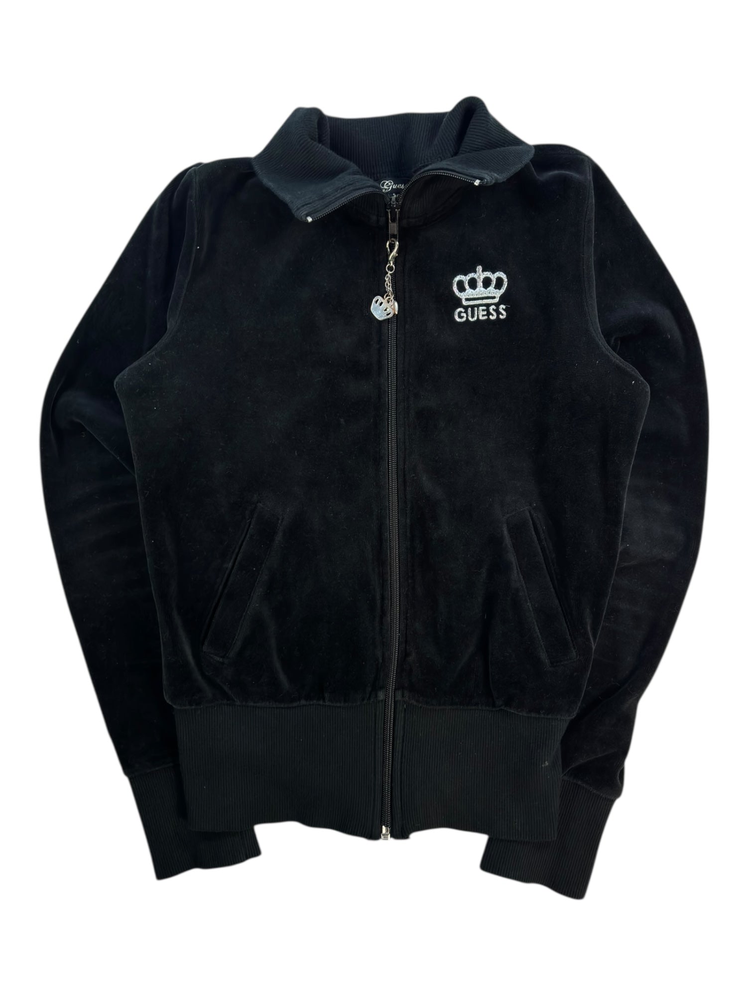 (S) Guess Velour Zip Up Hoodie Black