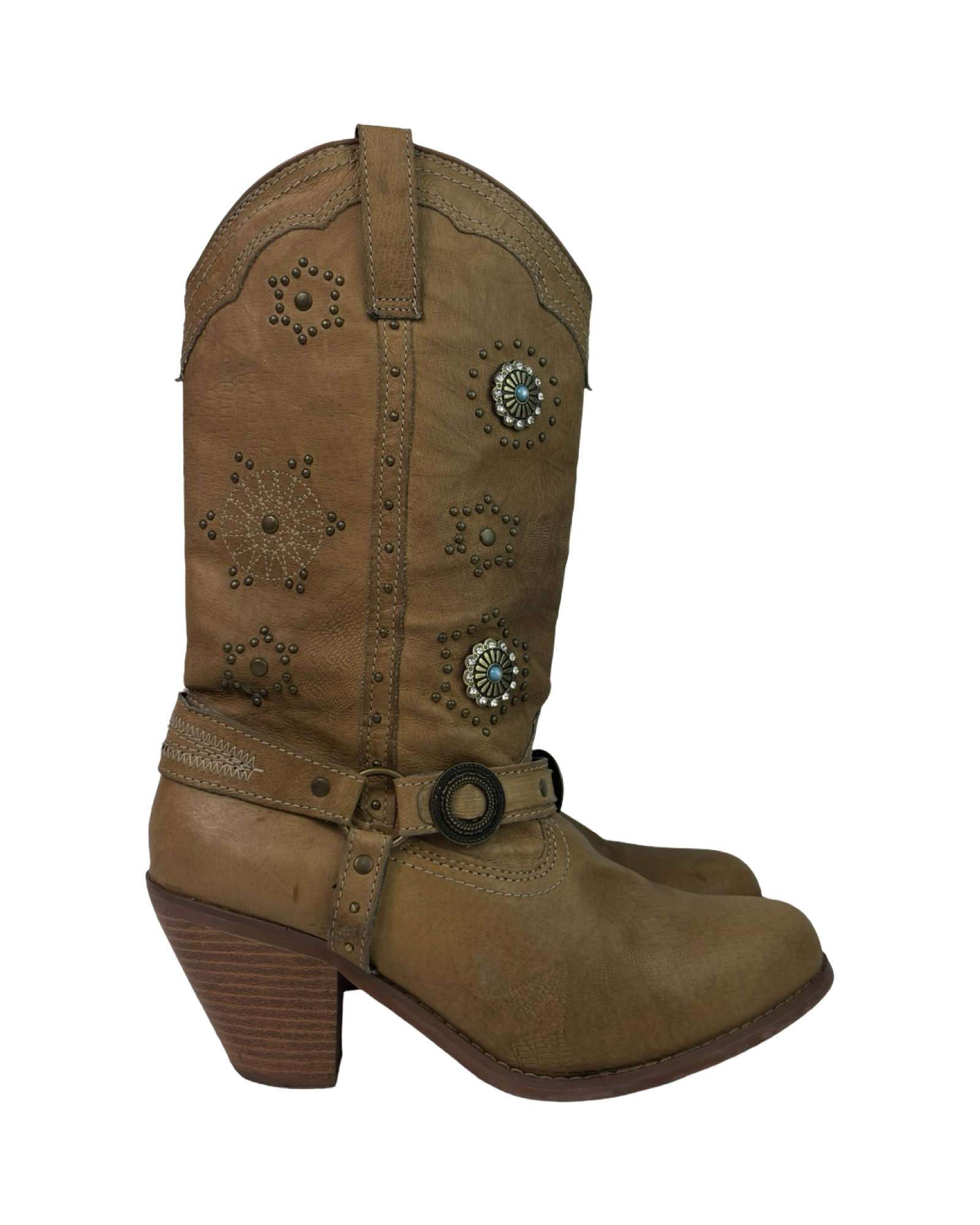 (8.5) Leather Embellished Buckle Detail Cowboy Boots