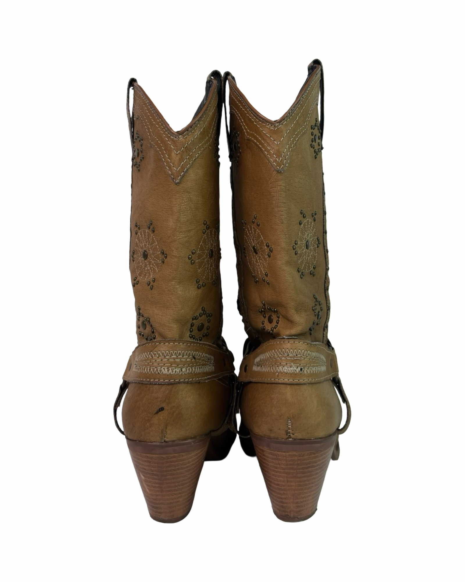 (8.5) Leather Embellished Buckle Detail Cowboy Boots