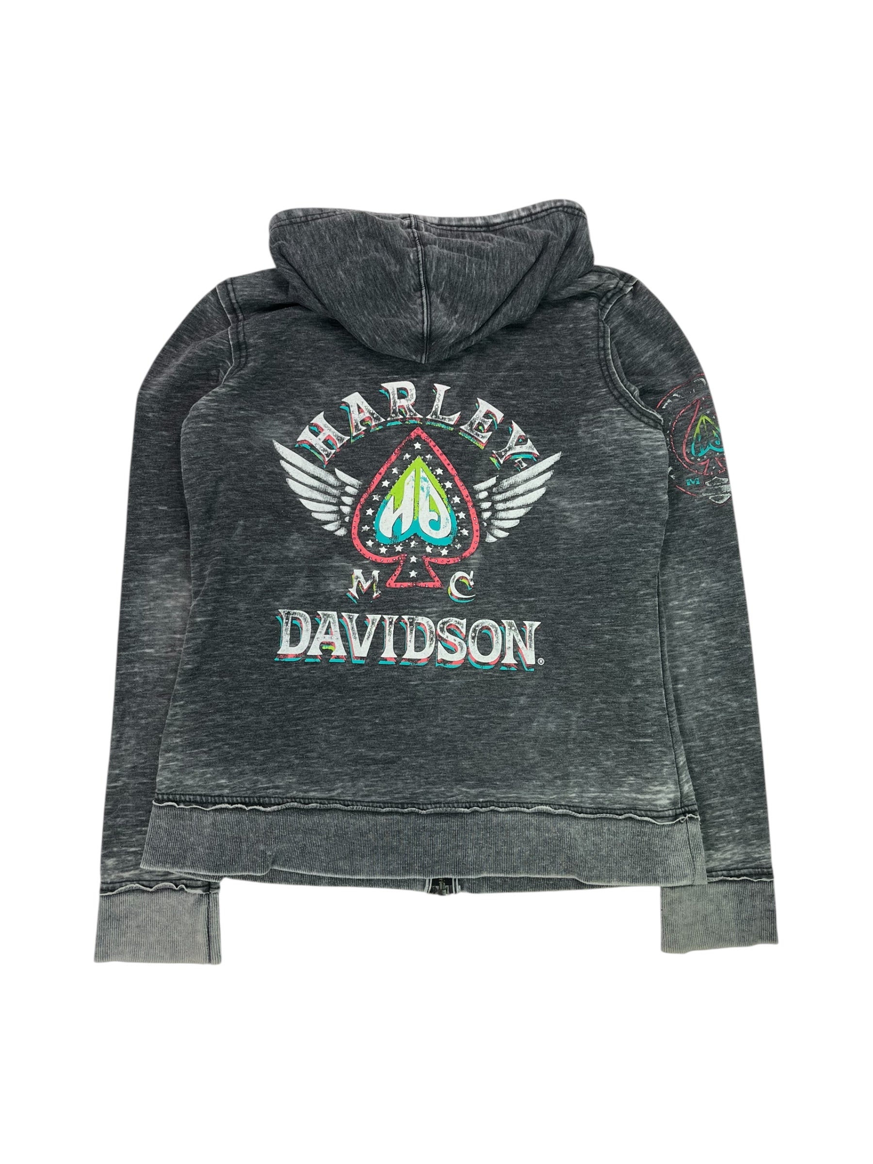(M) Grey Burnout Harley Davidson Rhinestone Zip Up Hoodie