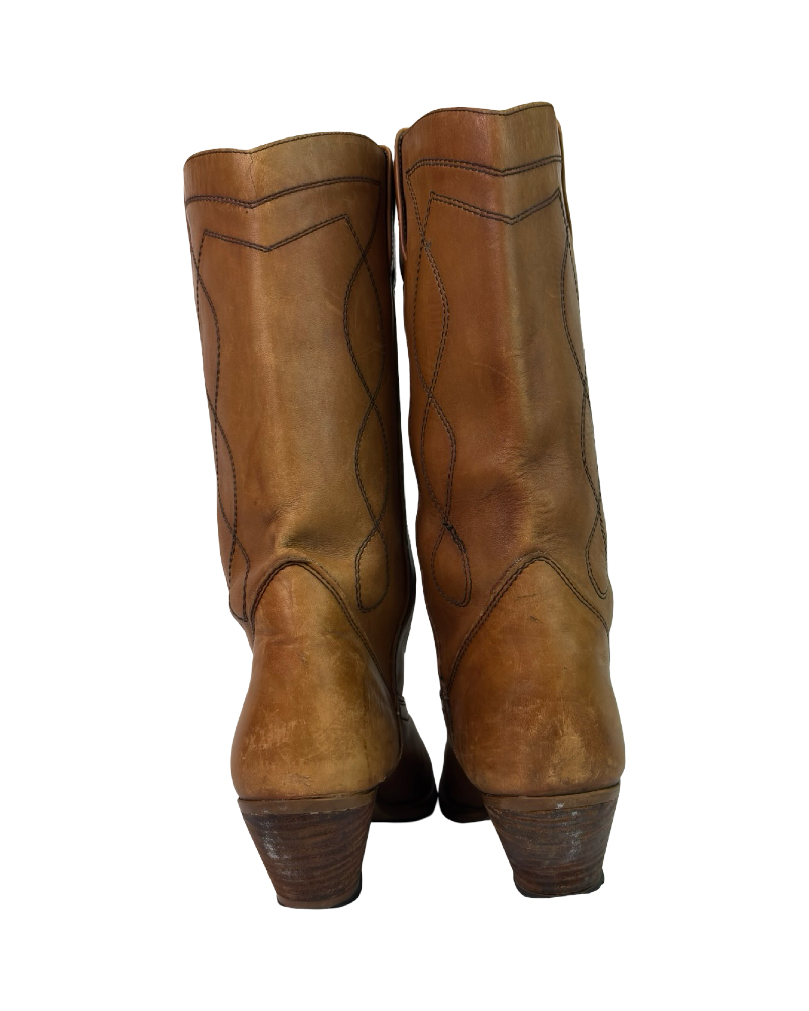 (7.5) European Vintage Tan Leather Cowboy Boots