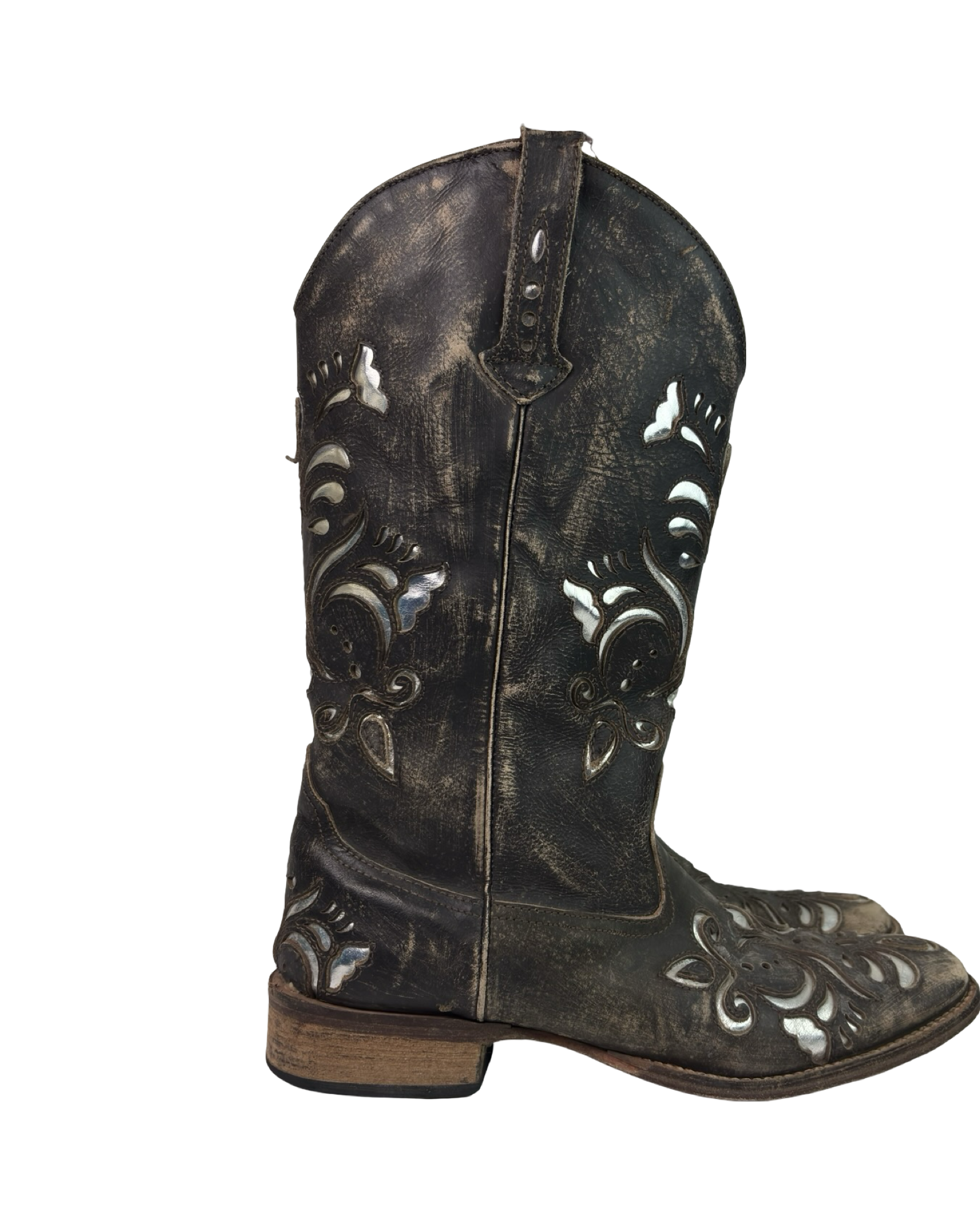 (8) Roper Vintage Brown and Silver Cut-out Cowboy Boots