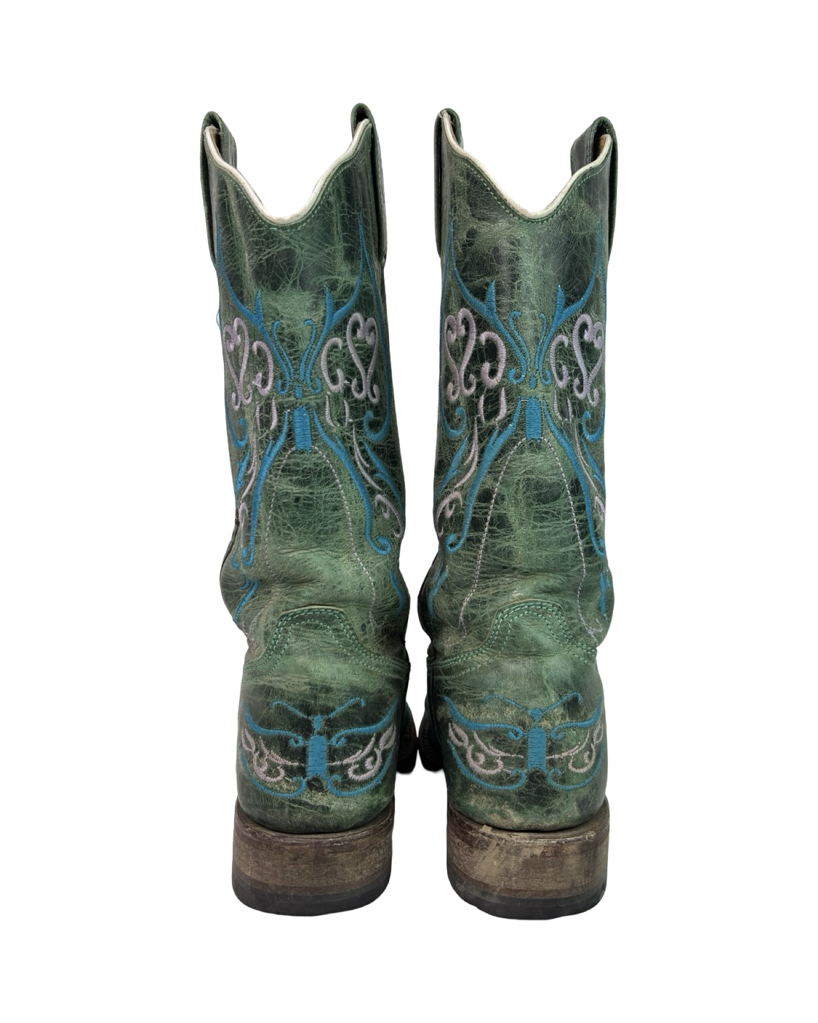 (5.5) Teal Green Vintage Butterfly Embroidered Cowboy Boots