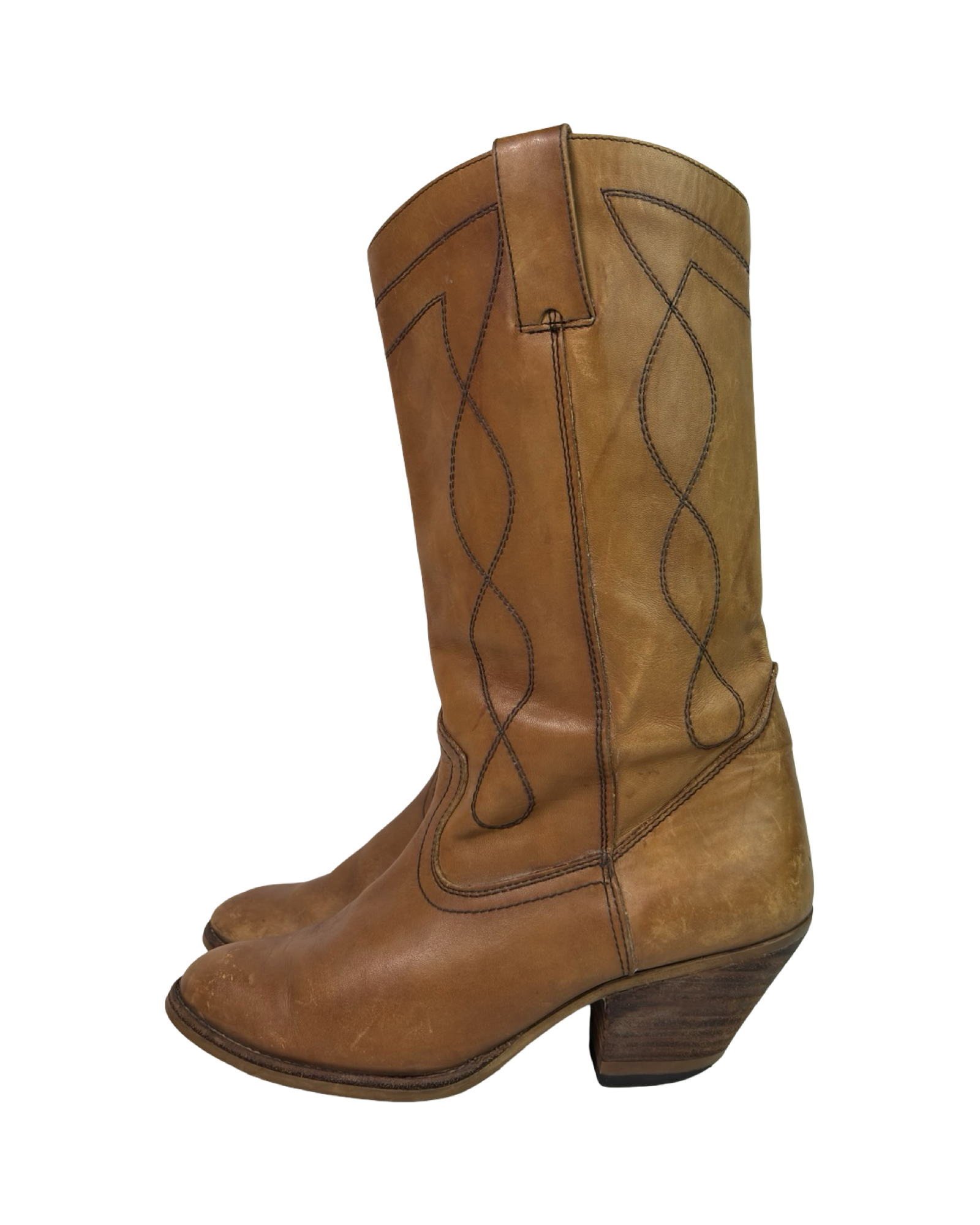 (7.5) European Vintage Tan Leather Cowboy Boots