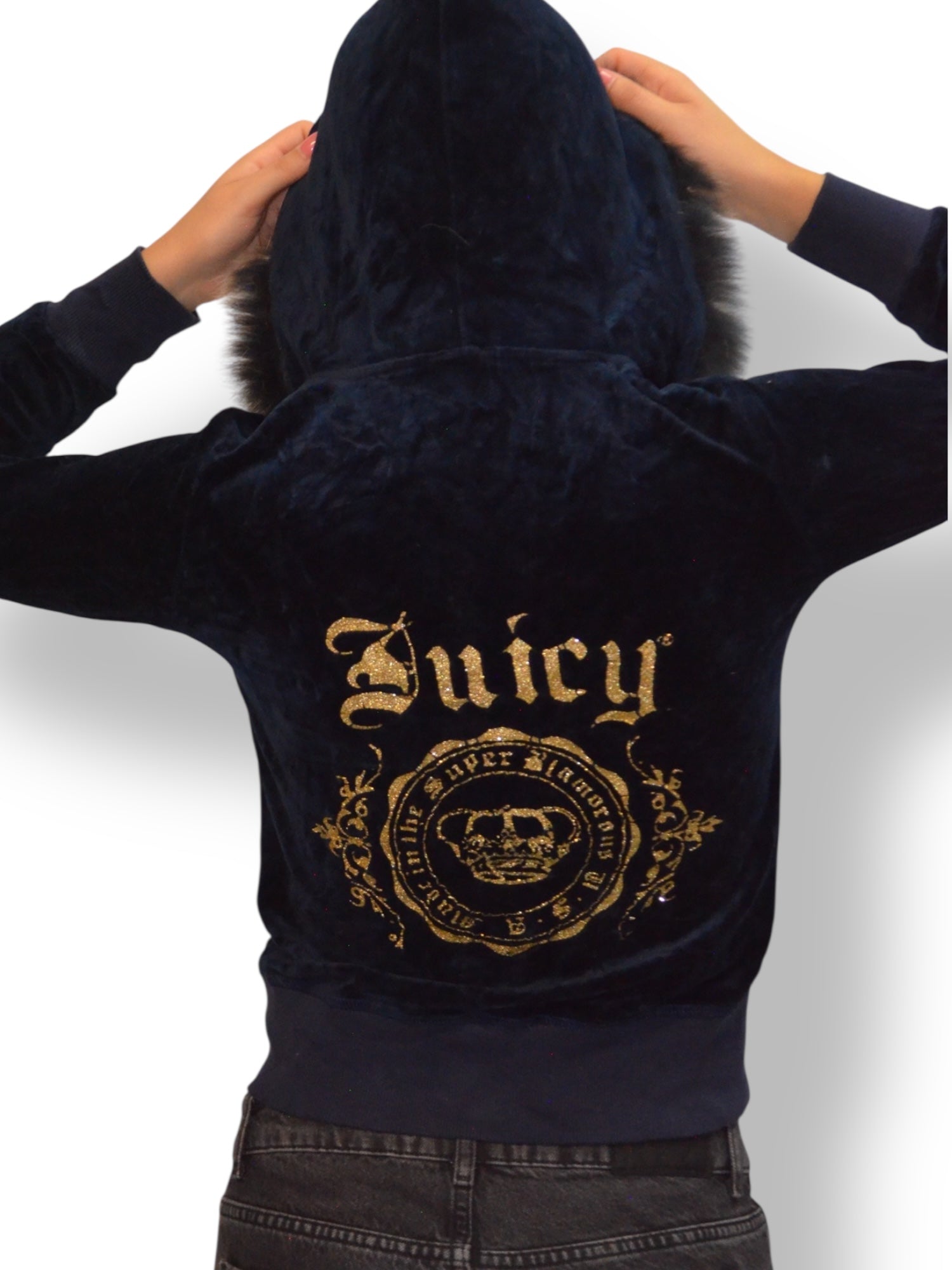 (S) Dark Navy Fur Trim Embroidered Juicy Couture Zip-Up Hoodie