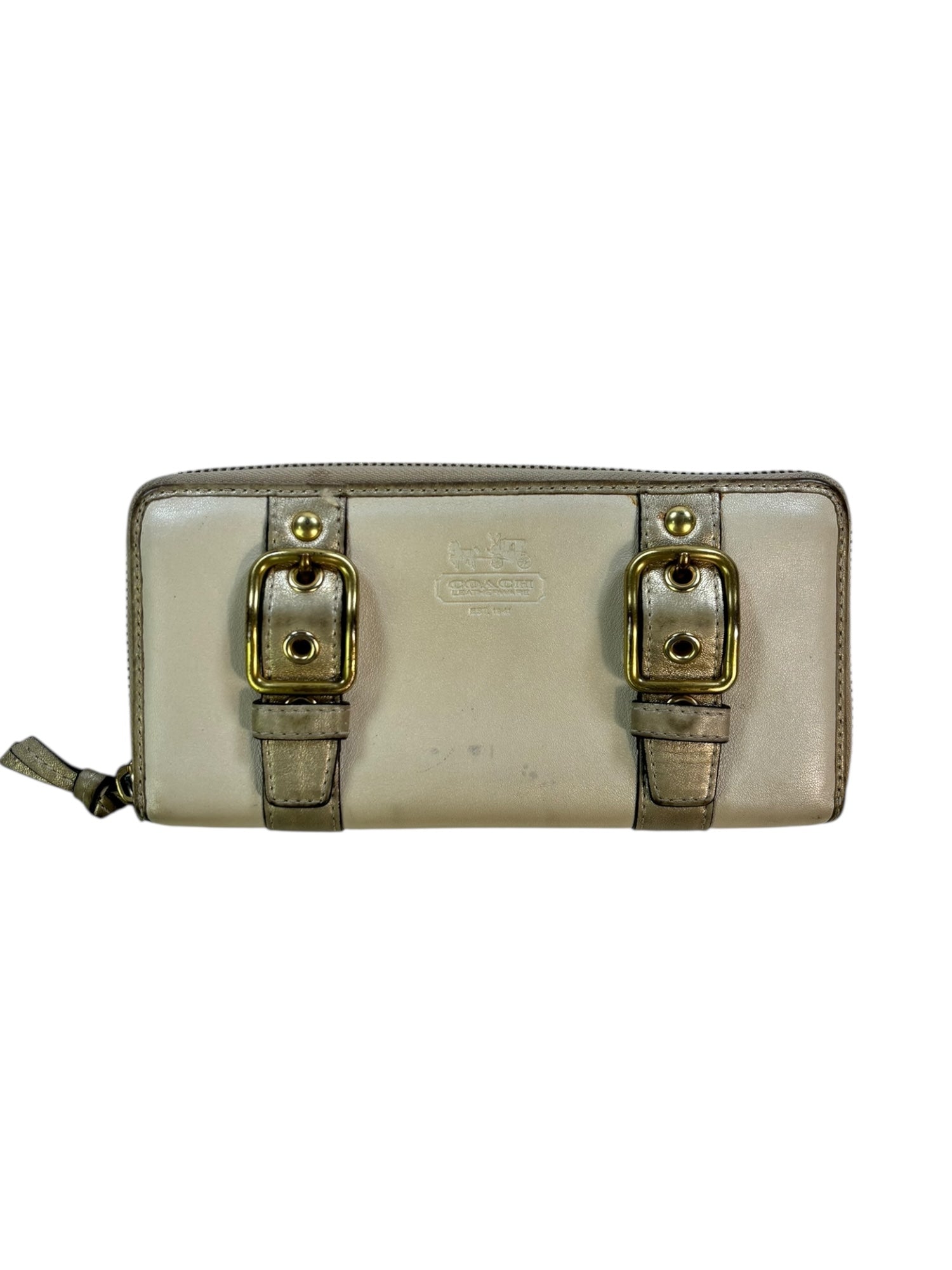 (O/S) Coach Double Buckle Cream Wallet With Gold Hardware