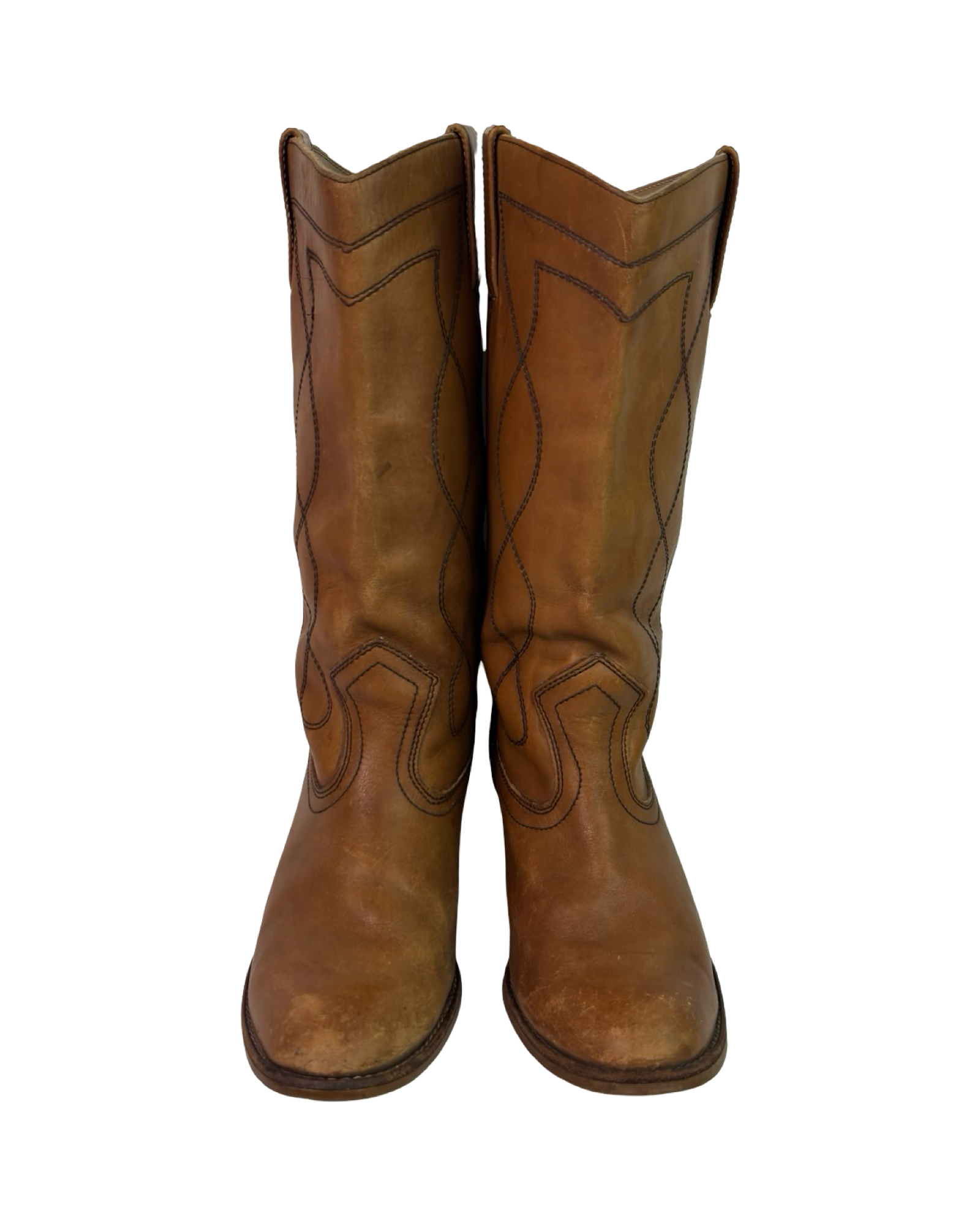(7.5) European Vintage Tan Leather Cowboy Boots