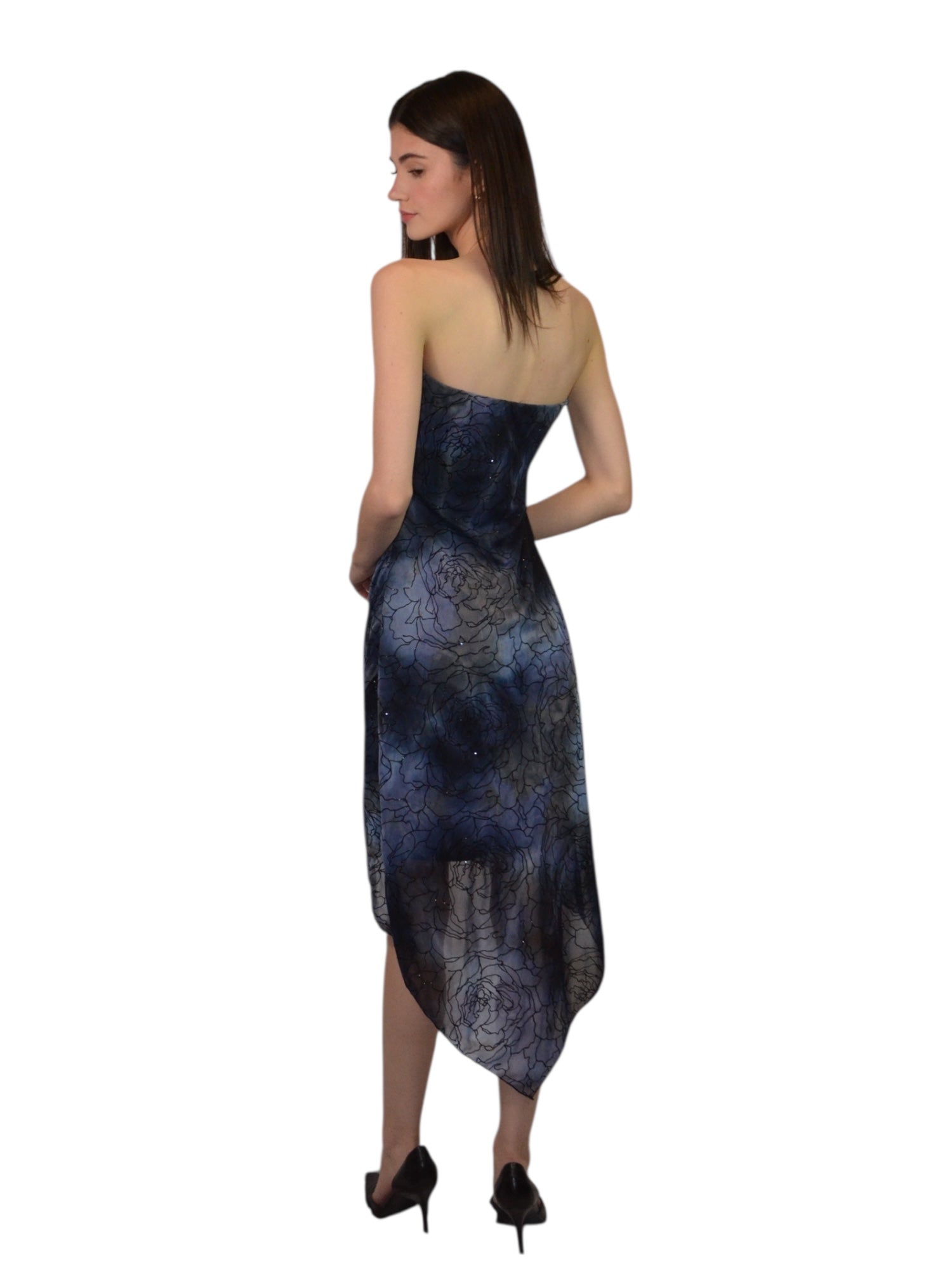(M) Y2k Le Chateau Strapless Blue and Black Glitter Dress