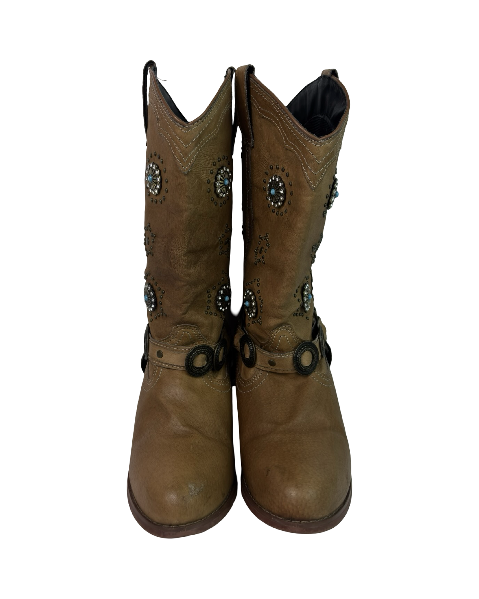 (8.5) Leather Embellished Buckle Detail Cowboy Boots