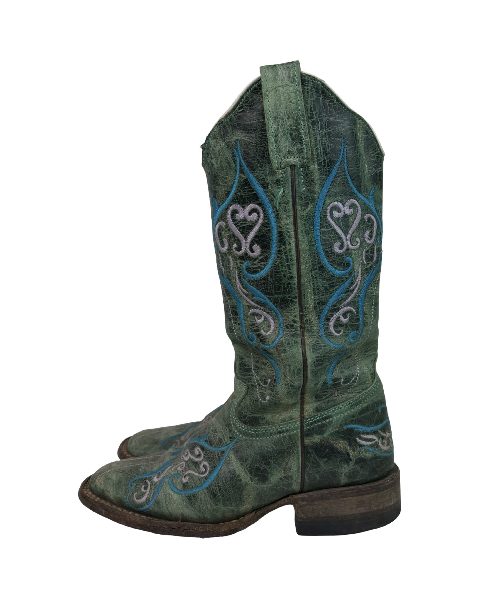 (5.5) Teal Green Vintage Butterfly Embroidered Cowboy Boots