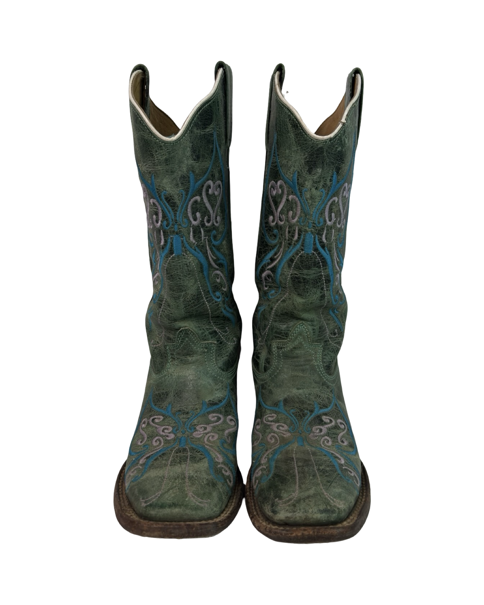 (5.5) Teal Green Vintage Butterfly Embroidered Cowboy Boots