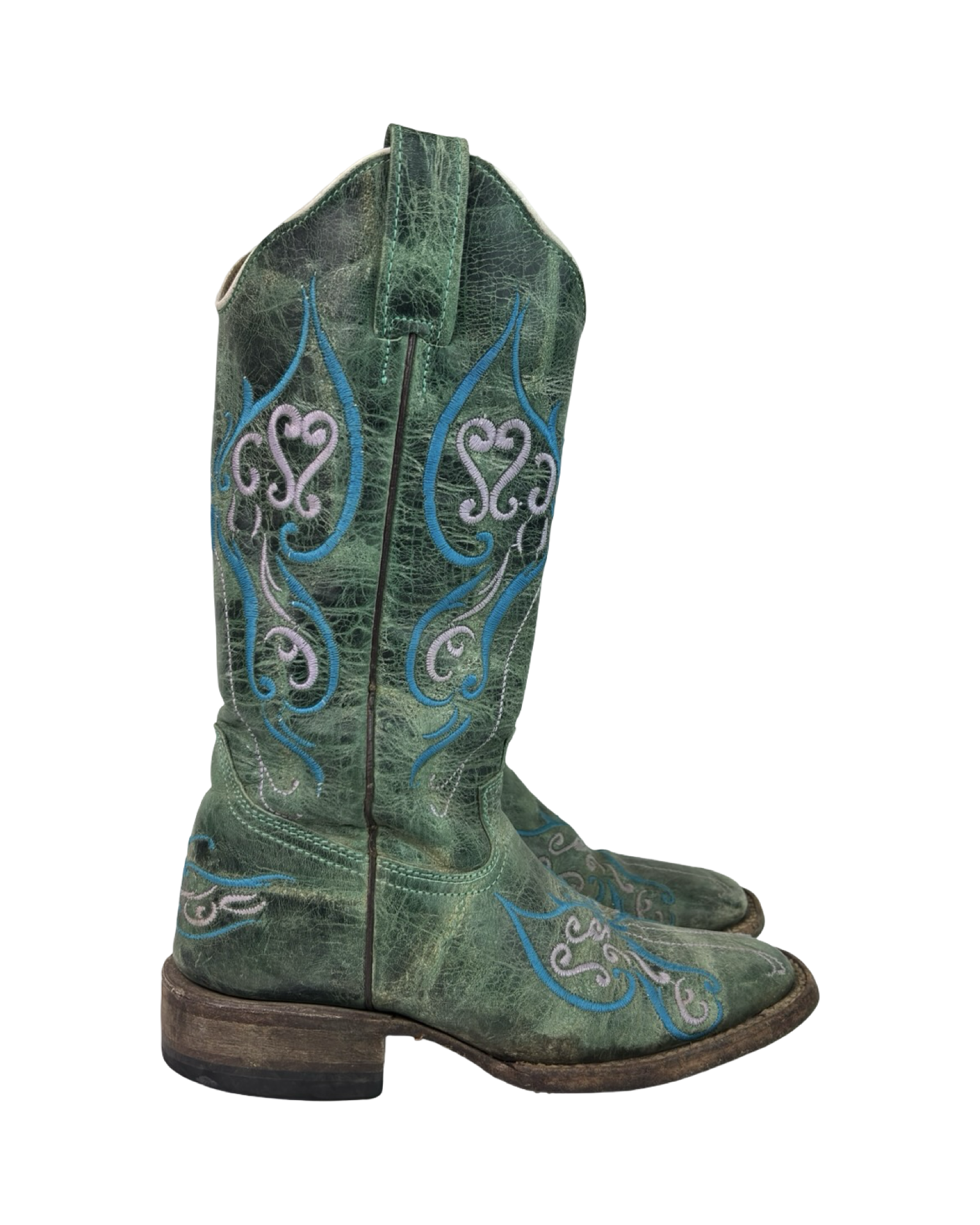 (5.5) Teal Green Vintage Butterfly Embroidered Cowboy Boots