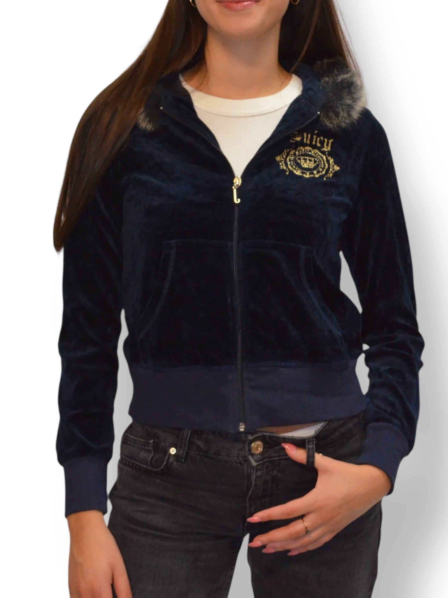 (S) Dark Navy Fur Trim Embroidered Juicy Couture Zip-Up Hoodie