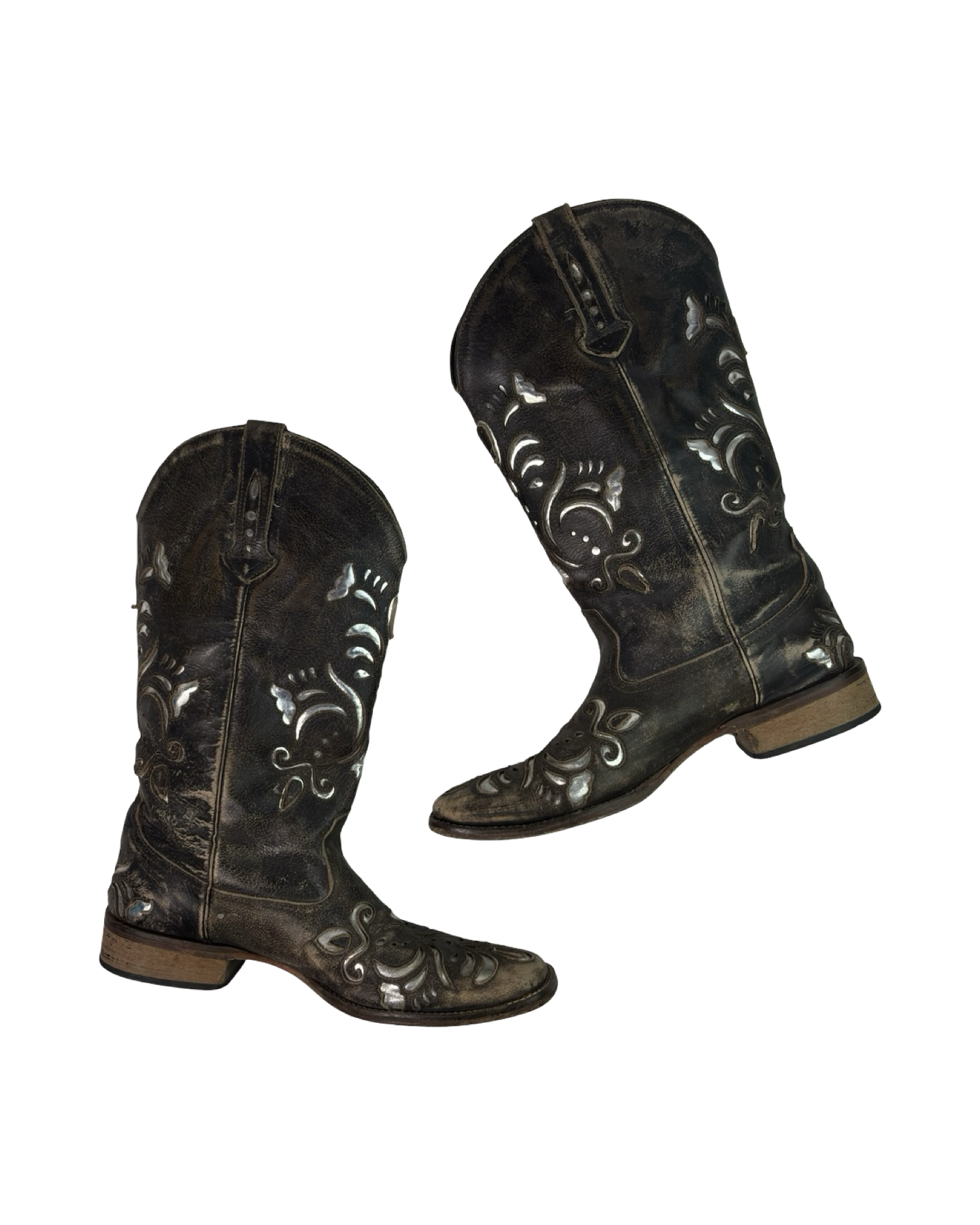 (8) Roper Vintage Brown and Silver Cut-out Cowboy Boots