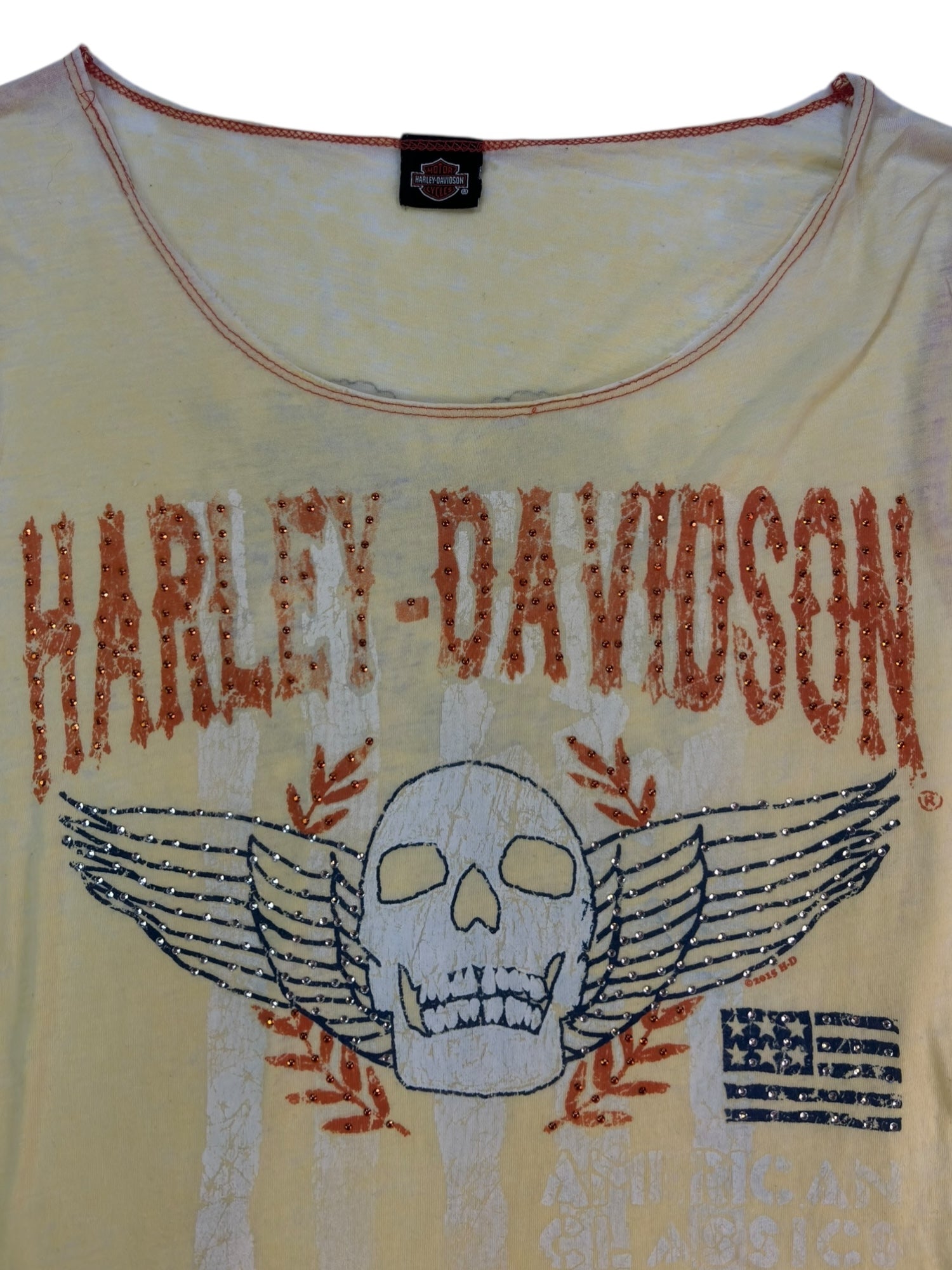(M) Yellow Embellished Burnout Style Harley Davidson Tee