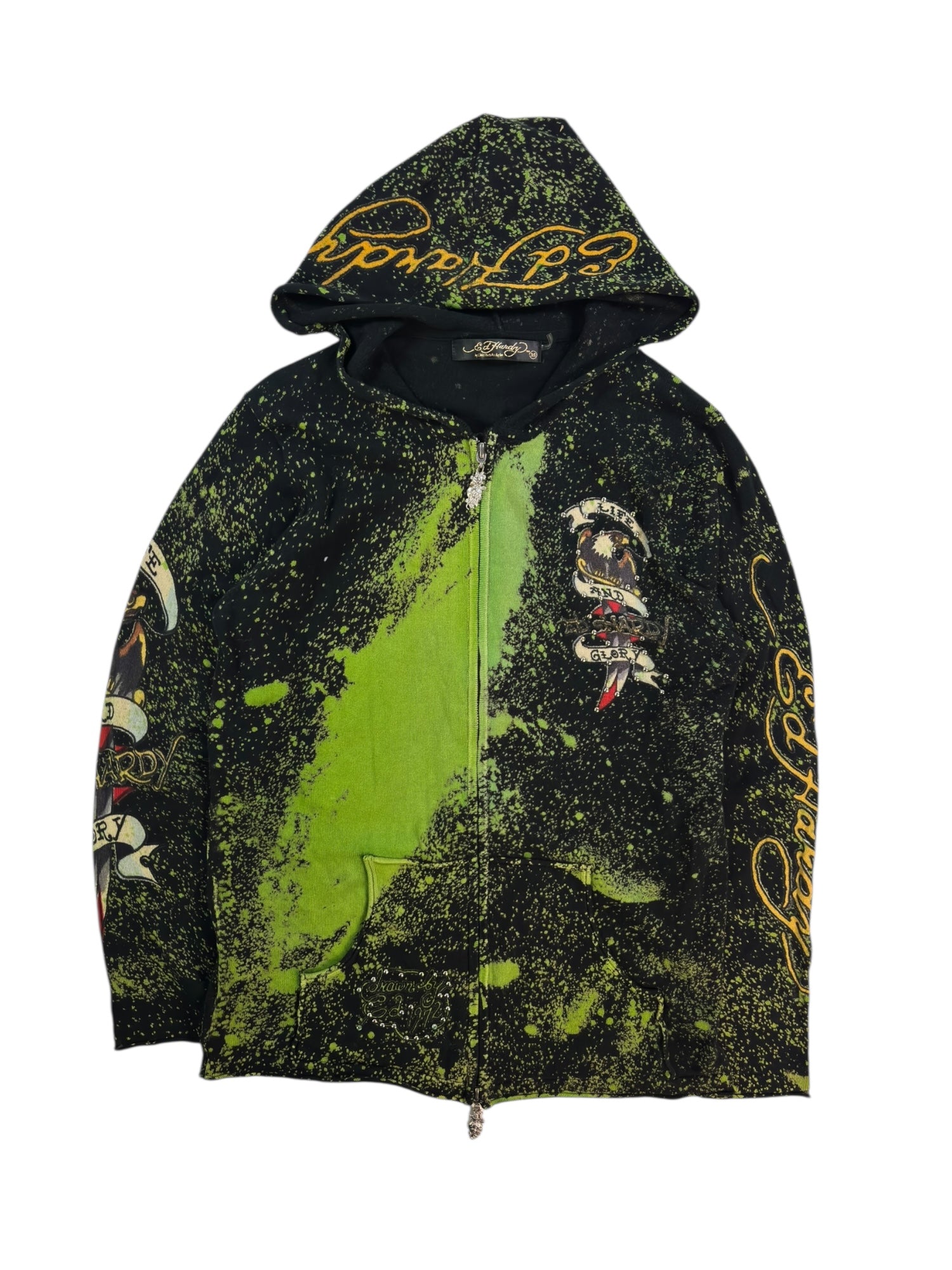 (M) Ed Hardy Studded Splatter Zip-up Hoodie