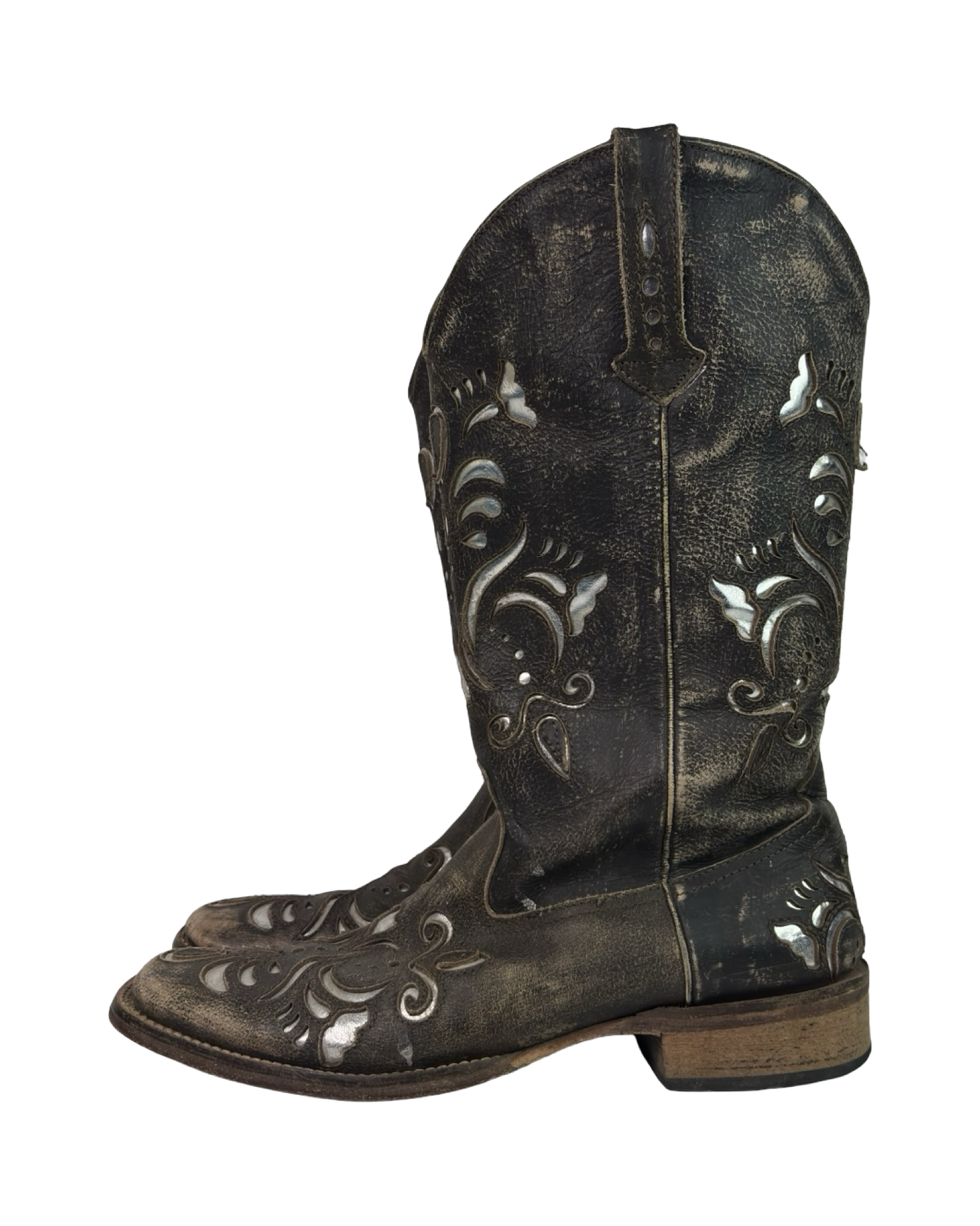 (8) Roper Vintage Brown and Silver Cut-out Cowboy Boots