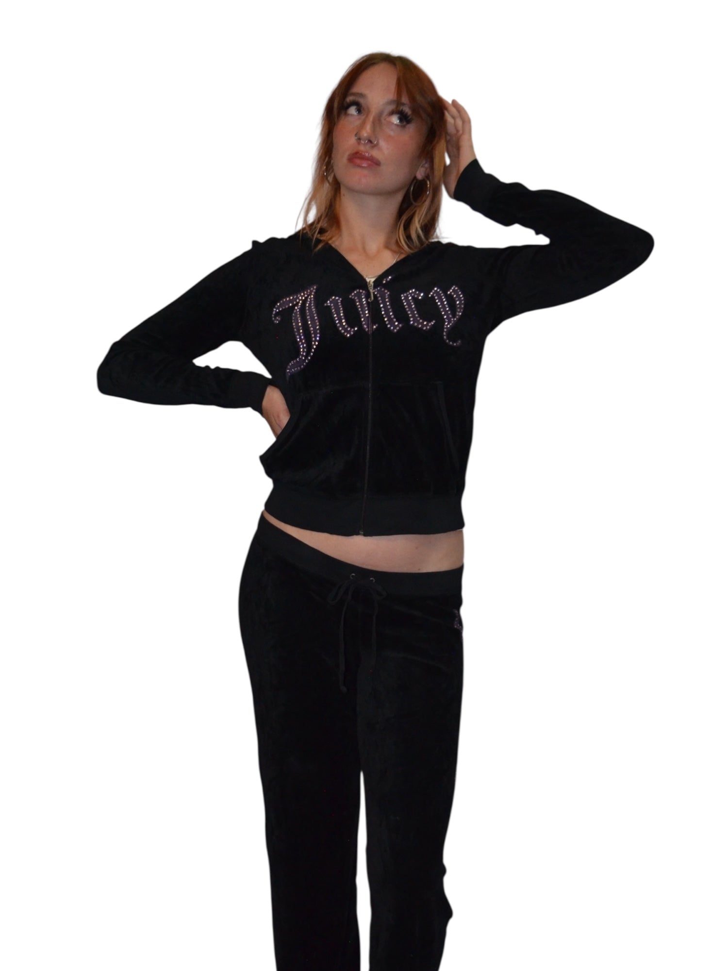 (L) Black Embellished Juicy Couture Velour Pants